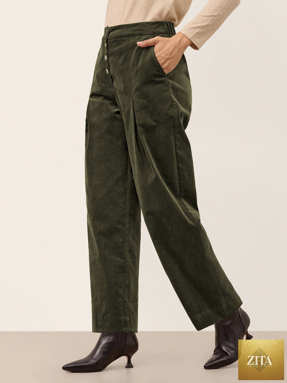 Cotton Lyocell Adjustable Button Mid Waist Tapered Ankle Pants ISOLABEL