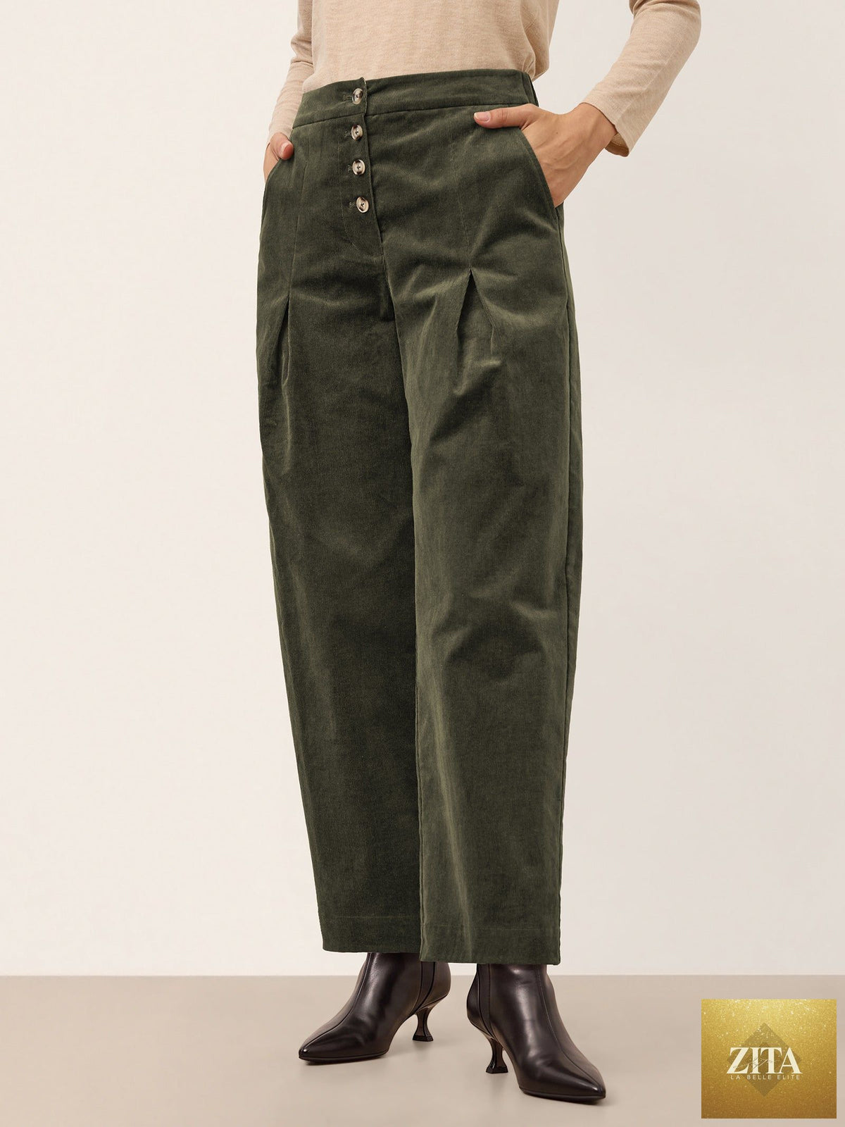 Cotton Lyocell Adjustable Button Mid Waist Tapered Ankle Pants ISOLABEL