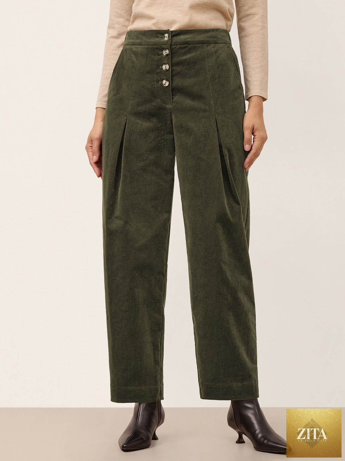 Cotton Lyocell Adjustable Button Mid Waist Tapered Ankle Pants ISOLABEL