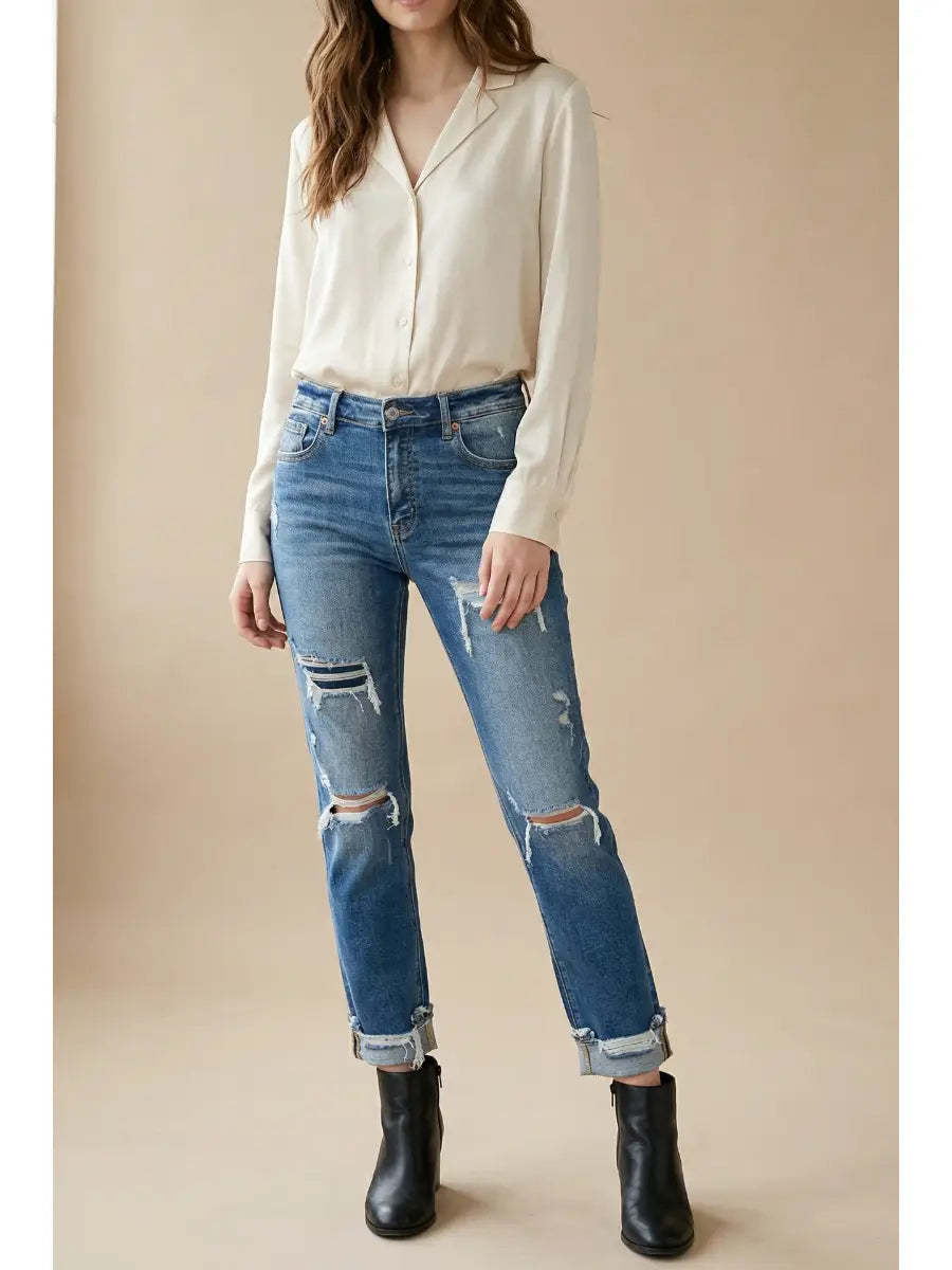 Mesh Tummy Control High Rise Straight w/ Single Cuff Jeans