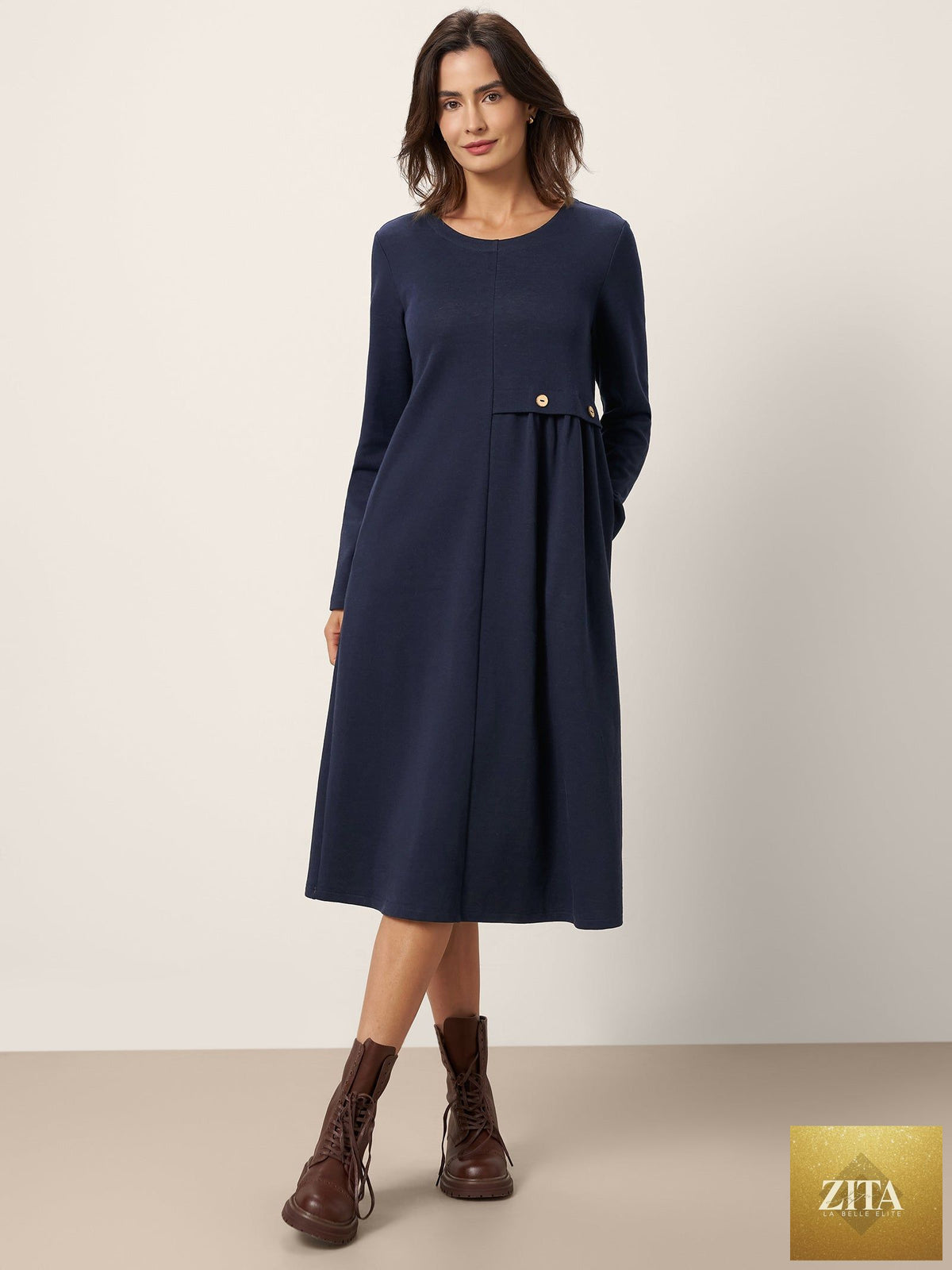 Asymmetric Pleated Waist Midi Dress ALYSSA