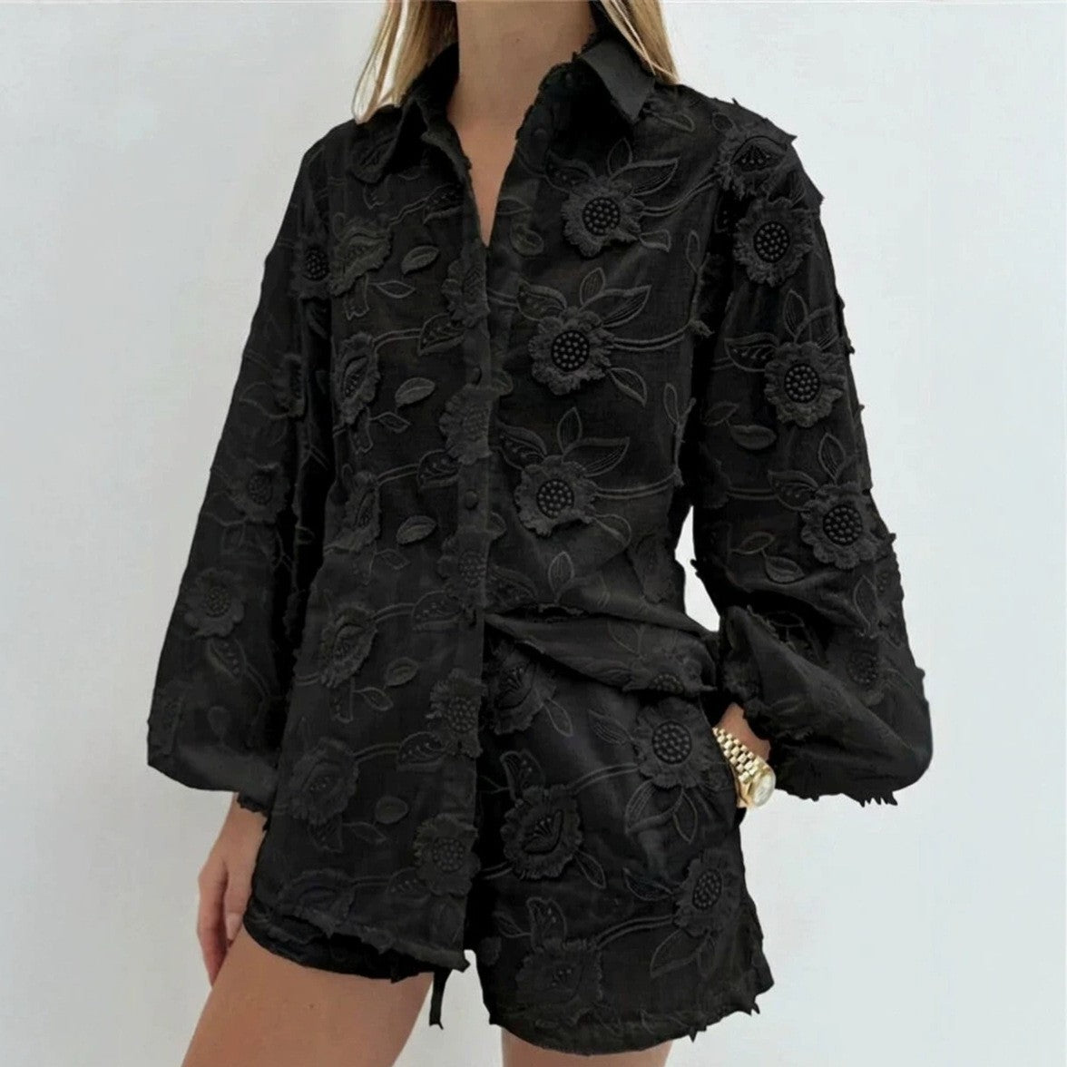 Embroidered cotton shirt and shorts two-piece set by FitiqueFit, casual summer outfit with intricate embroidery details.