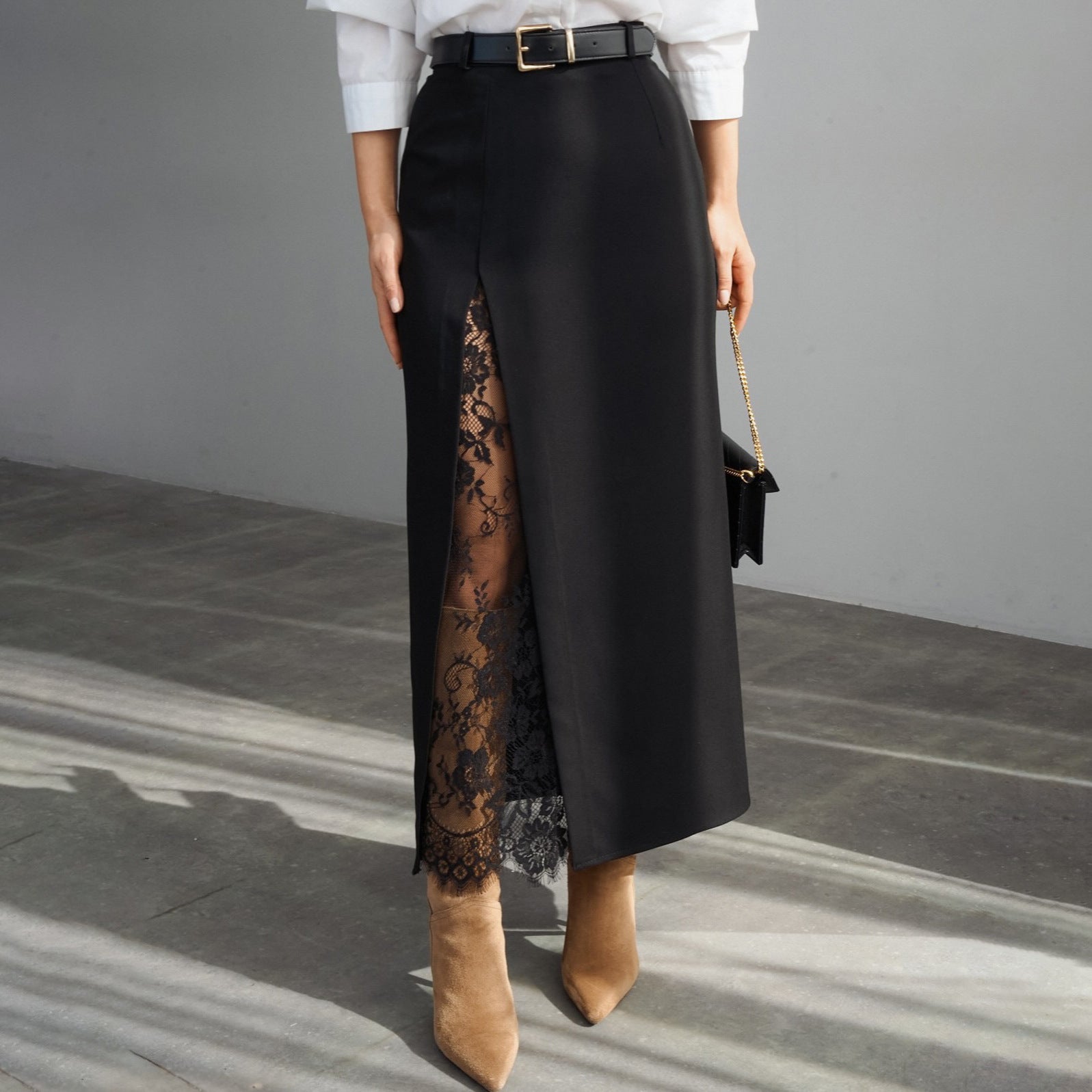 FitiqueFit side slit lace patchwork maxi skirt with flowing fabric and stylish design, perfect for elegant casual wear.
