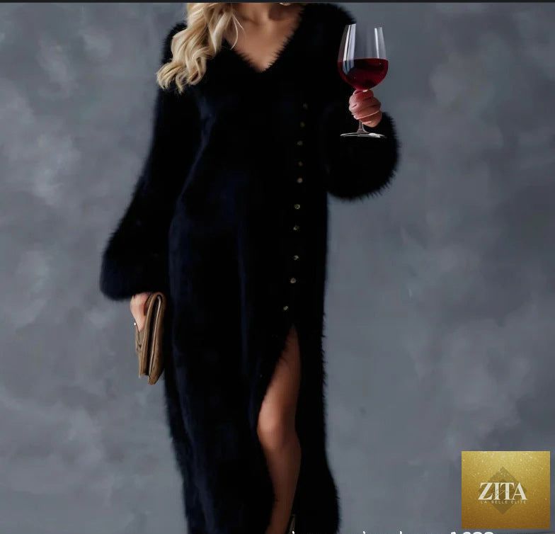 Long sleeve V-neck loose button slit dress by FitiqueFit, midi length with a relaxed fit and stylish slit design.