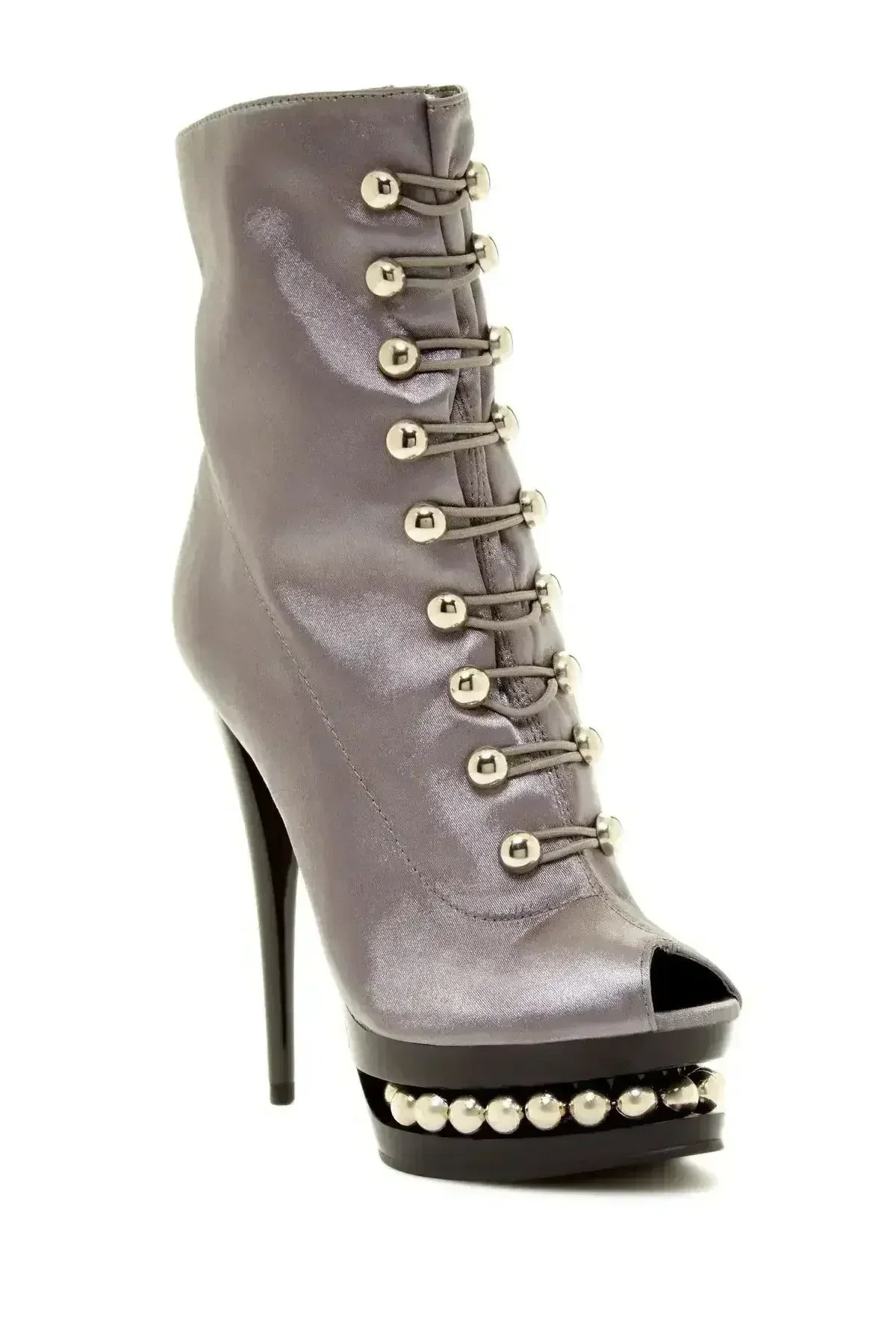 Gray satin BLAKEE stilettos by Femstylo featuring 6-inch platform heels, perfect for a night out.
