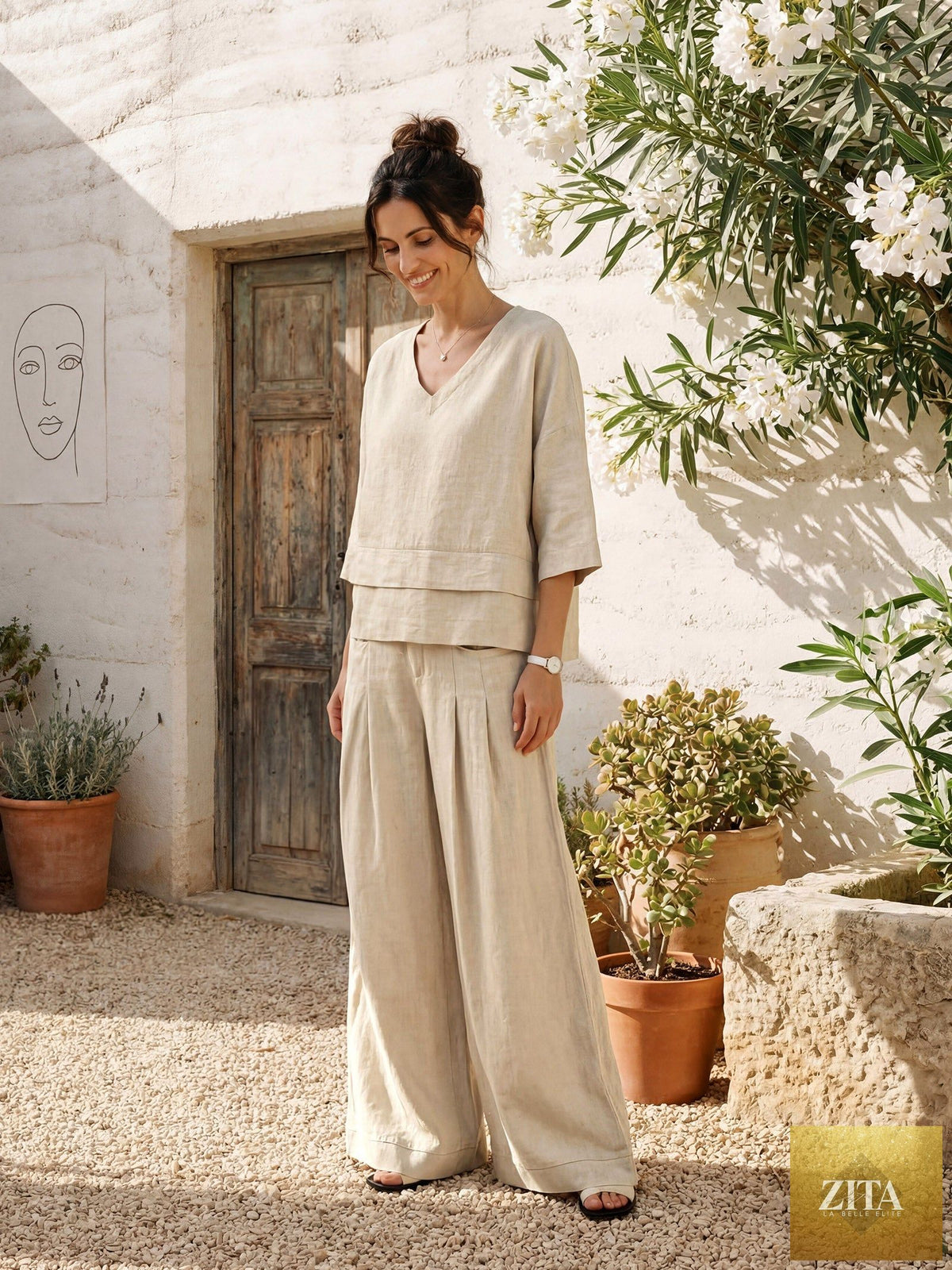 100% Linen Sculpted Pleat Elasticated Back Relaxed Pants VERIDIANA