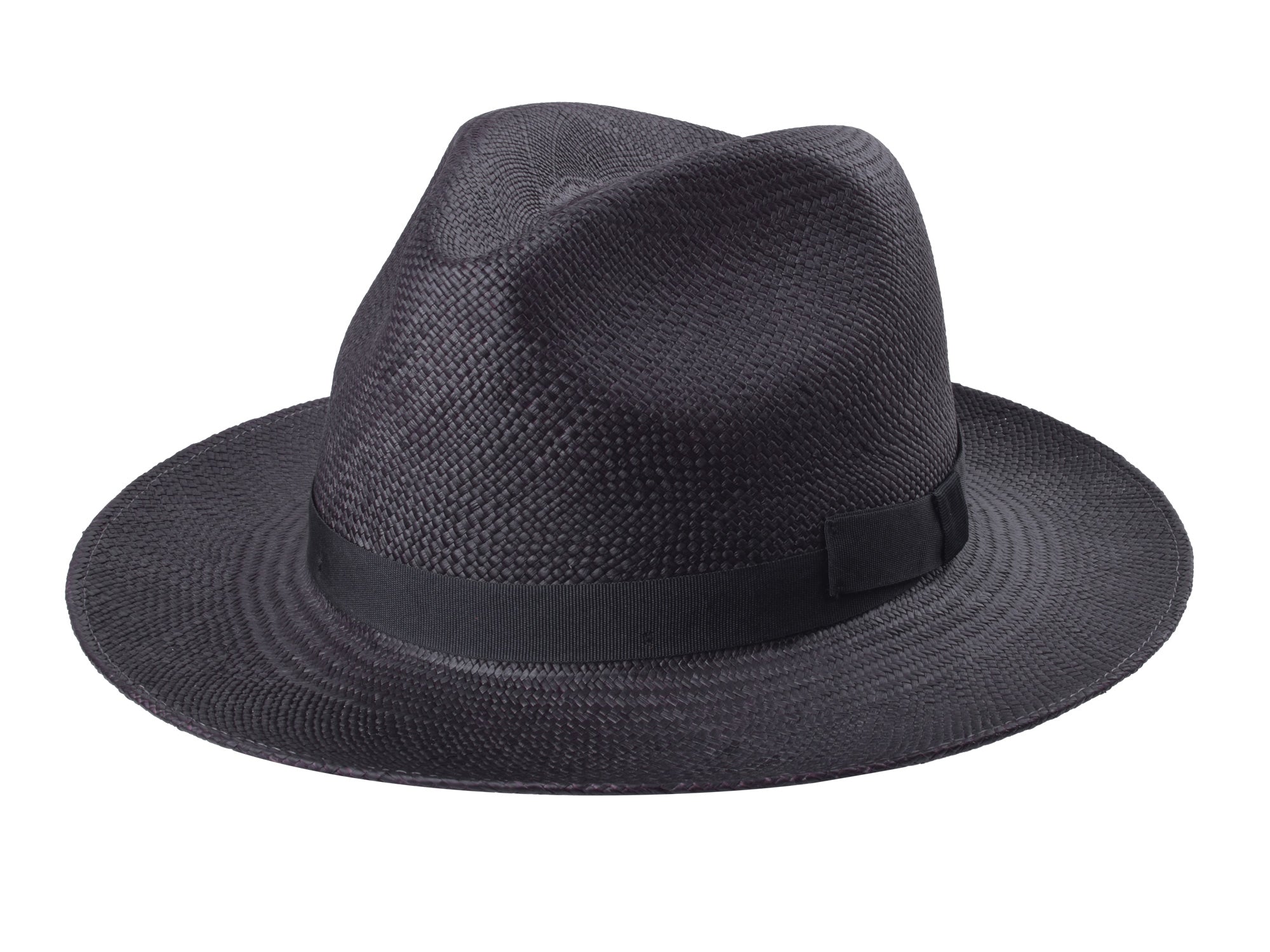 Black fedora Panama hat Dante by Bigalli Hats USA, stylish wide-brimmed straw hat with a classic ribbon band.
