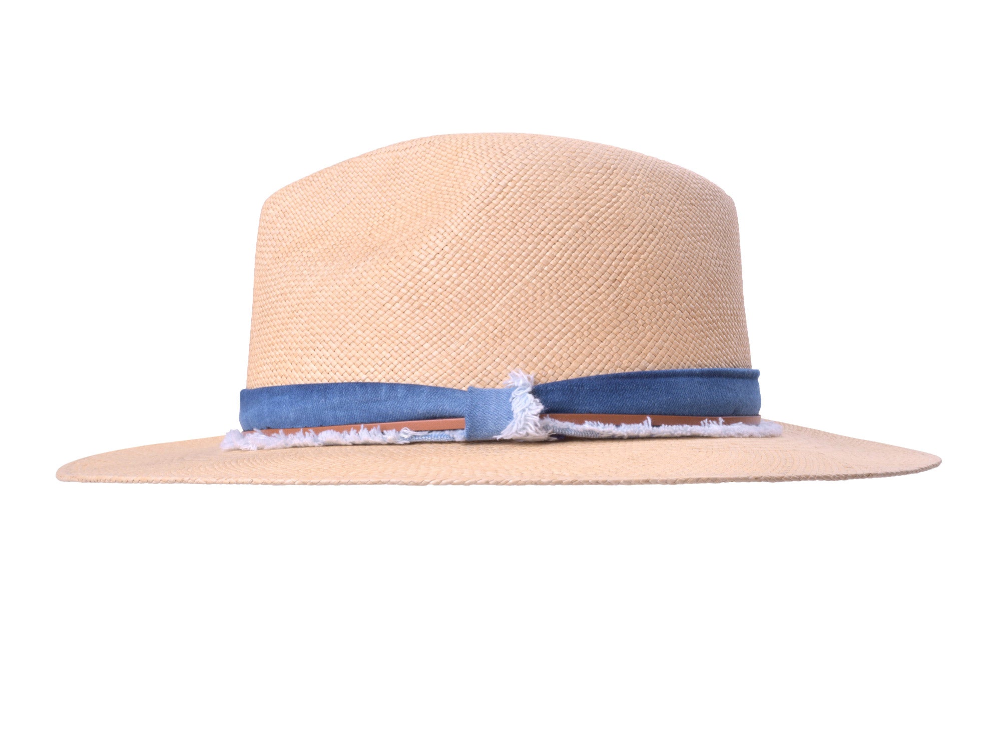 Handwoven indigo and beige straw Panama fedora hat by Bigalli Hats USA with a wide brim and classic style.