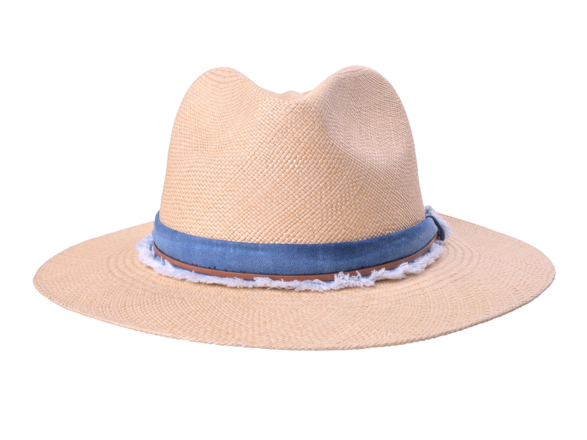 Handwoven indigo Panama fedora hat by Bigalli Hats USA, featuring a straw construction with a beige band and wide brim.