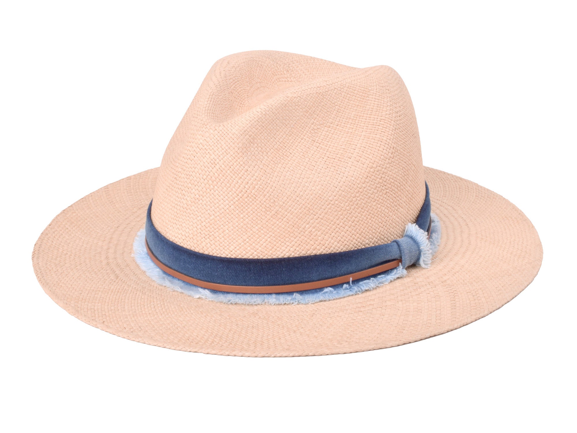 Handwoven indigo and beige Panama fedora hat by Bigalli Hats USA with a wide brim and classic style.