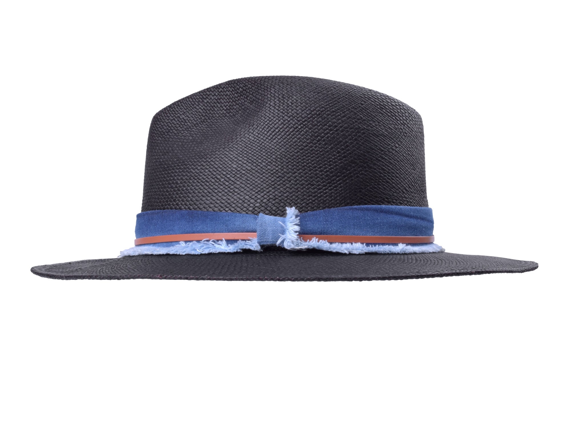 Handwoven indigo Panama fedora hat from Bigalli Hats USA, featuring a classic straw design and wide brim for sun protection.