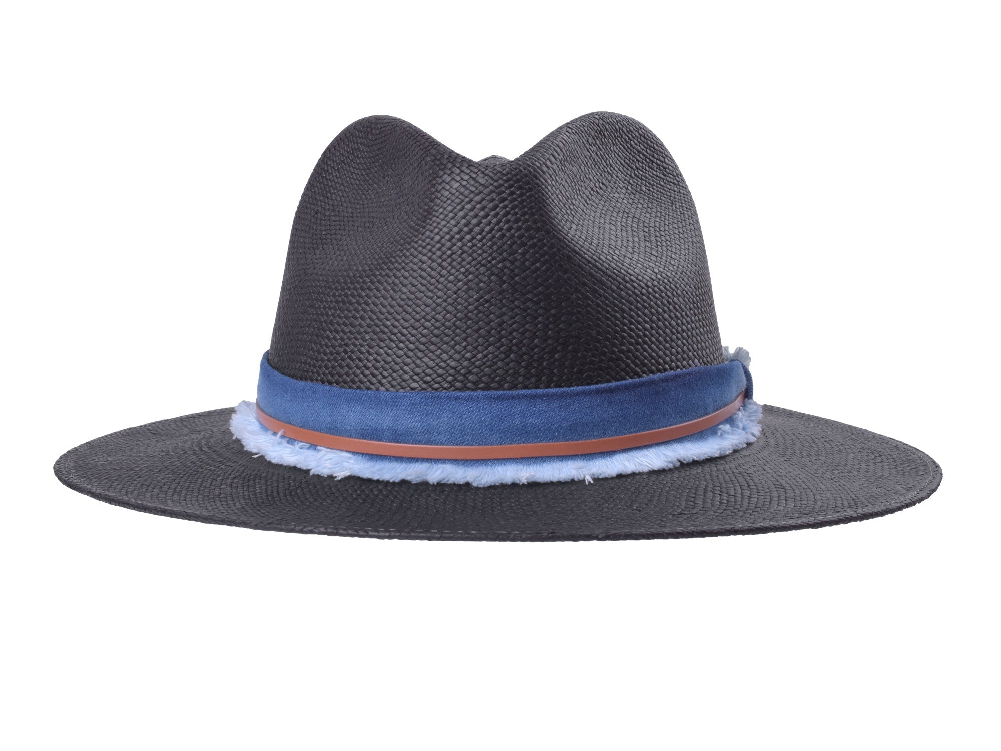 Handwoven indigo Panama straw fedora hat by Bigalli Hats USA, featuring a classic design and wide brim.