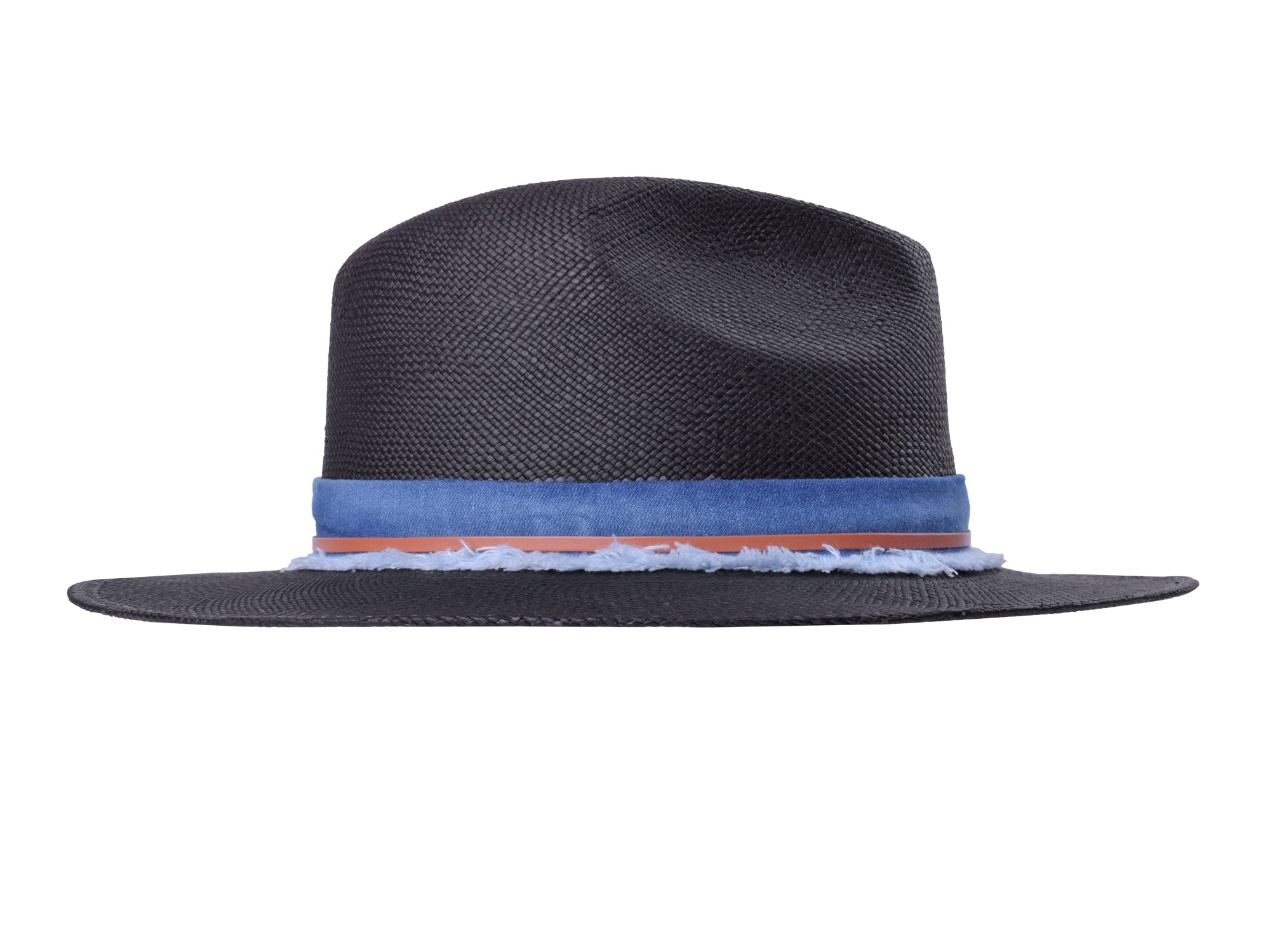 Handwoven Indigo Panama Hat Fedora by Bigalli Hats USA, featuring straw material and classic wide brim design.