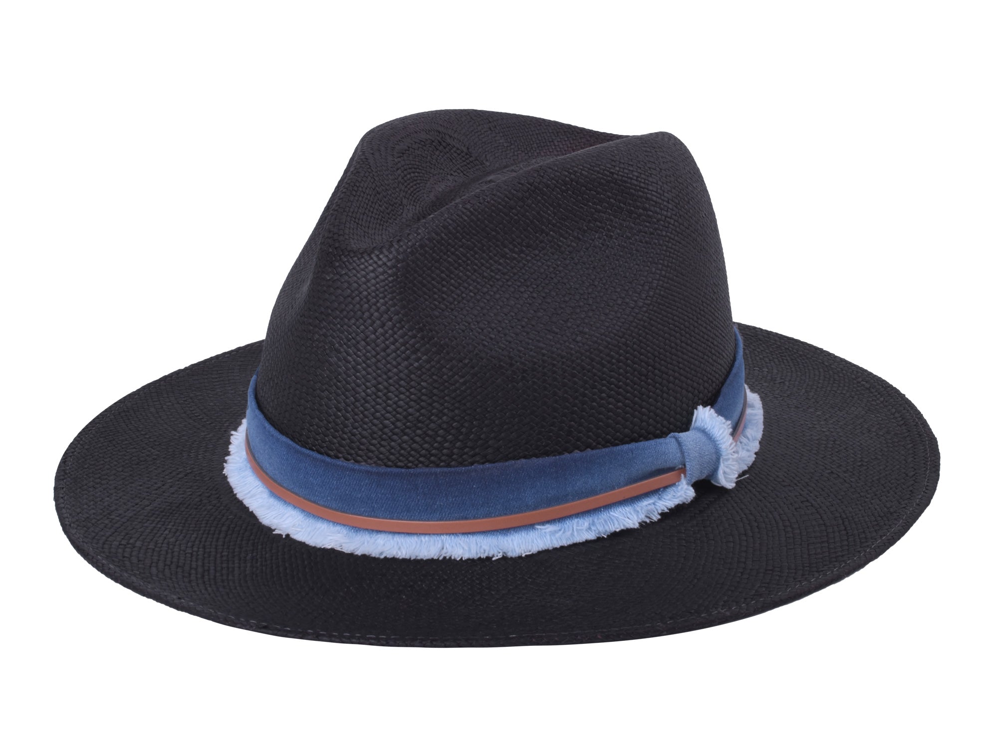 Handwoven indigo Panama fedora hat by Bigalli Hats USA with straw texture and classic brim.