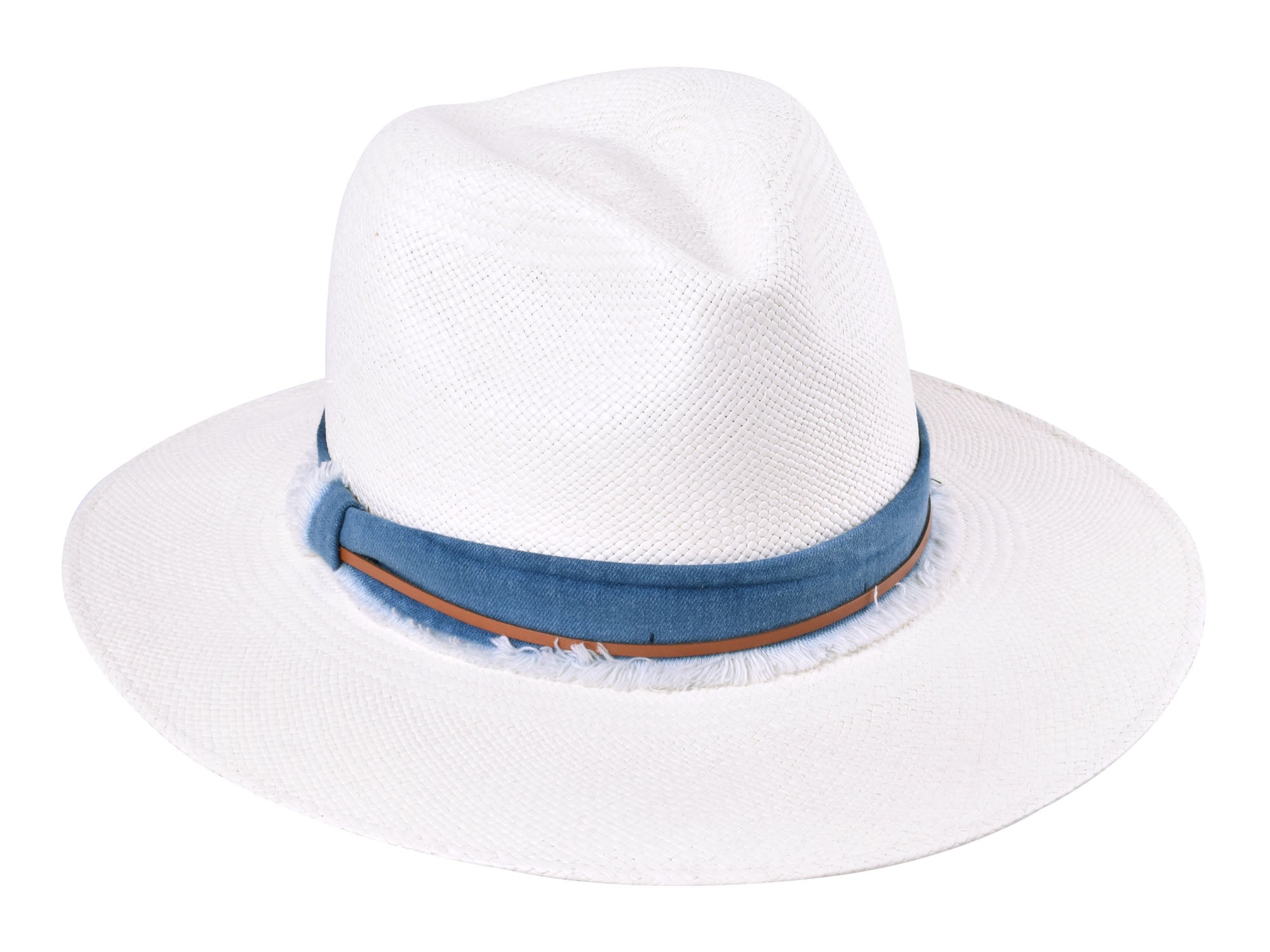 Handwoven indigo and white straw Panama fedora hat by Bigalli Hats USA, featuring a classic wide brim and stylish design.