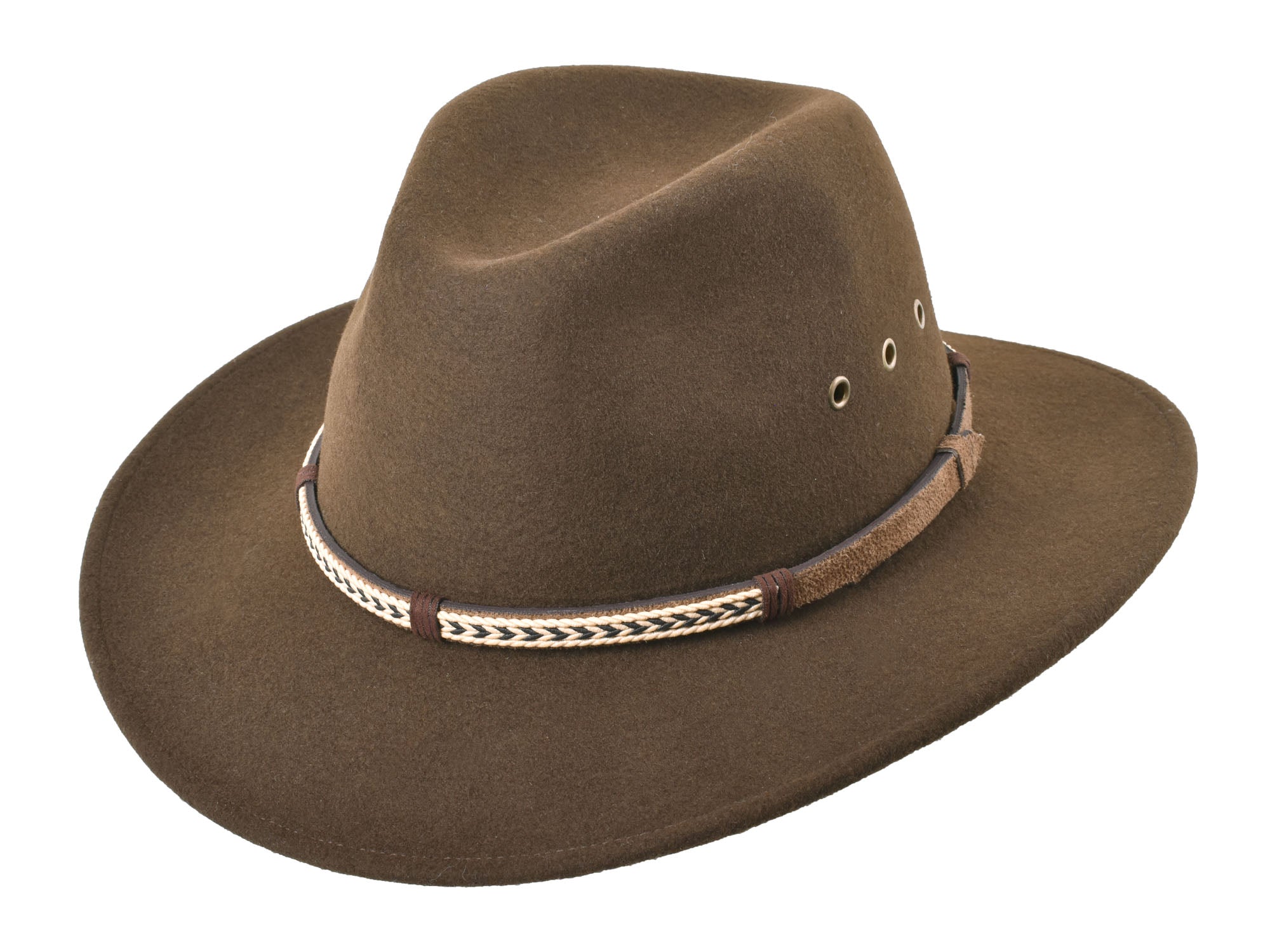 Chocolate brown outdoor Merino wool felt fedora hat by Bigalli Hats USA with a wide brim and classic style.