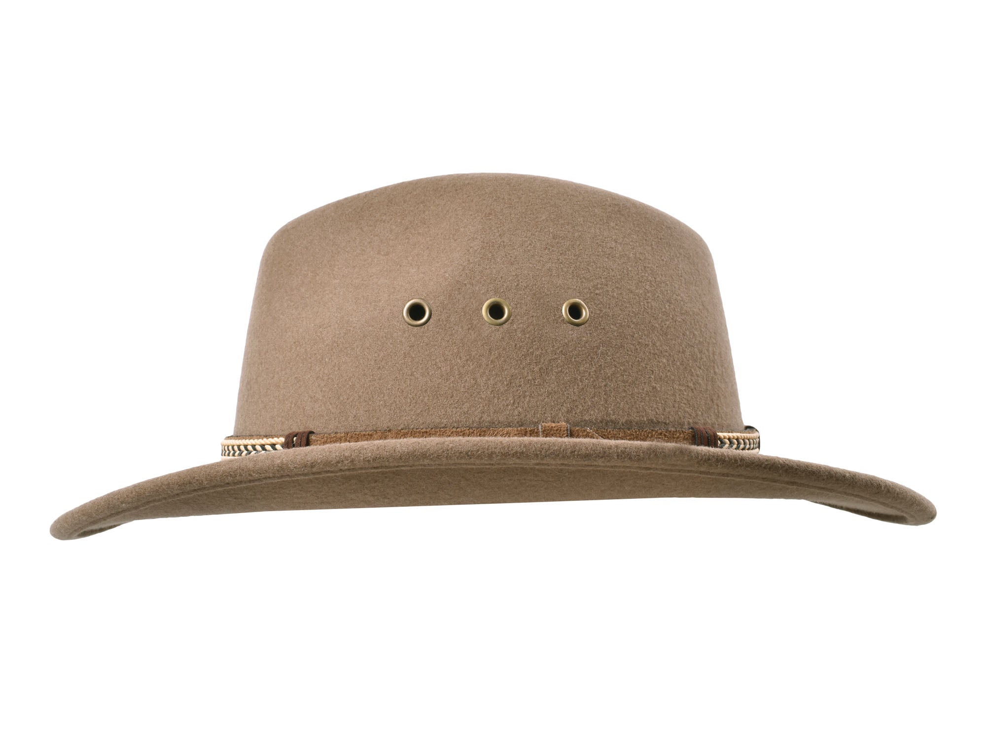 Bigalli Hats USA outdoor khaki merino wool felt fedora hat, Scout style, with a wide brim and classic design.