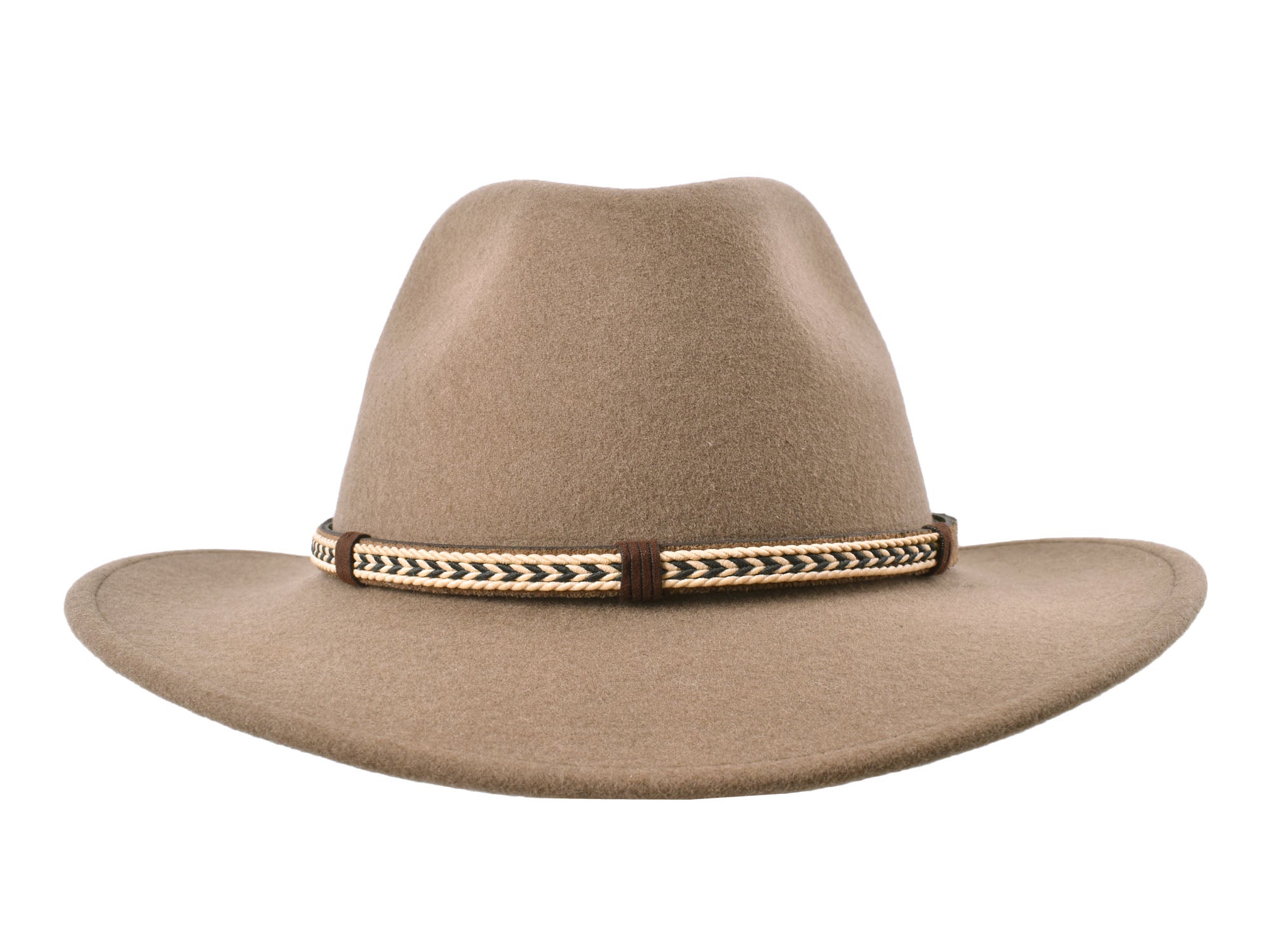 Bigalli Hats USA outdoor khaki merino wool felt fedora hat with a classic wide brim and pinched crown.