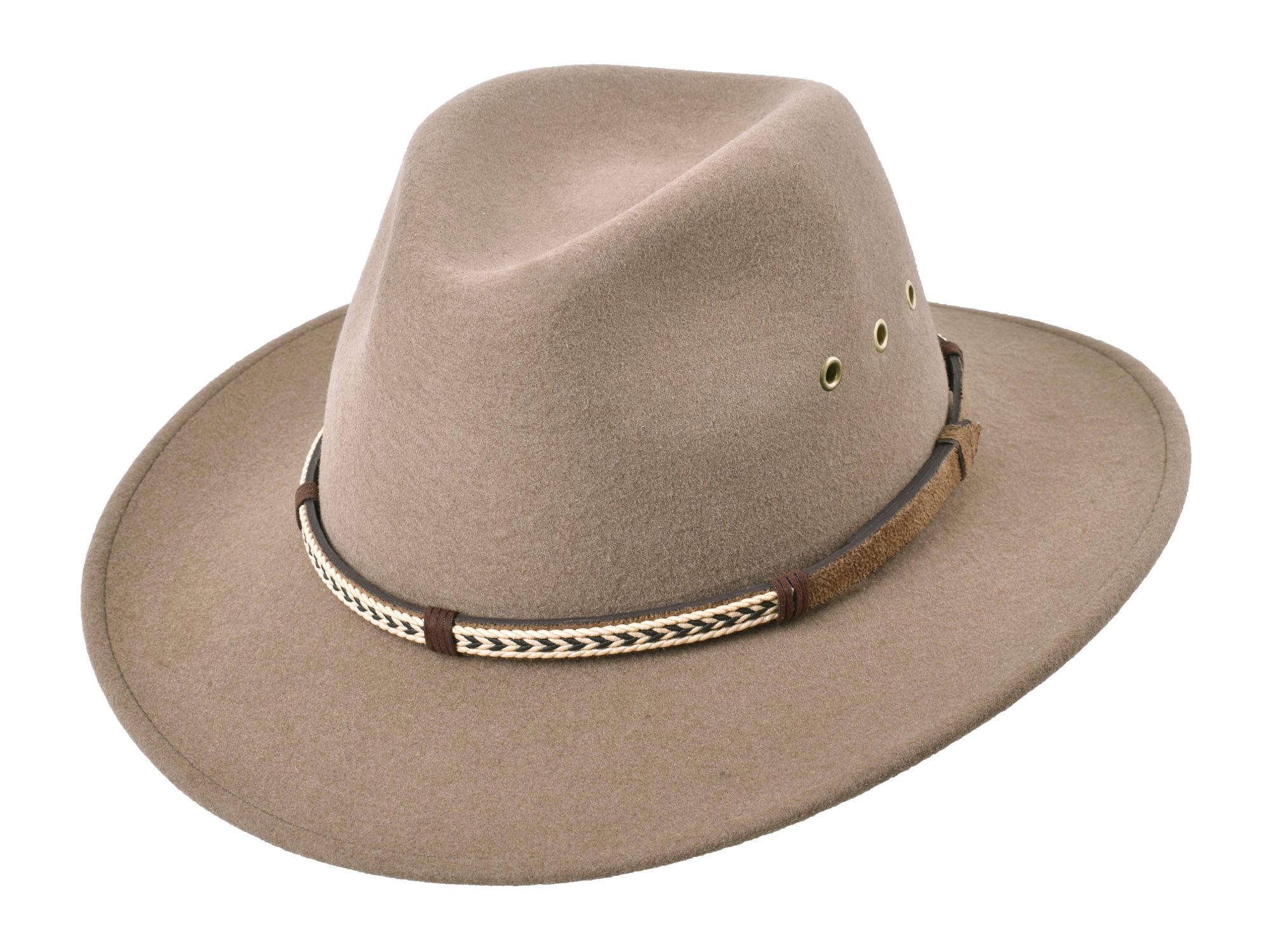 Bigalli Hats USA outdoor khaki merino wool felt fedora hat with a wide brim and pinched crown, style Scout.