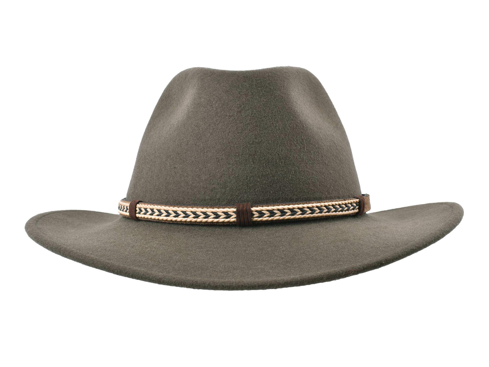 Outdoor Bigalli Hats USA Scout Fedora in moss green made of merino wool felt, featuring a classic wide brim and stylish design.