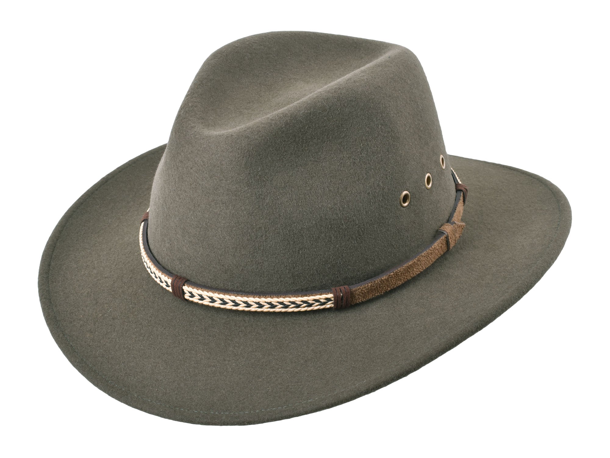 Bigalli Hats USA outdoor moss green merino wool felt fedora hat with a wide brim and stylish design.