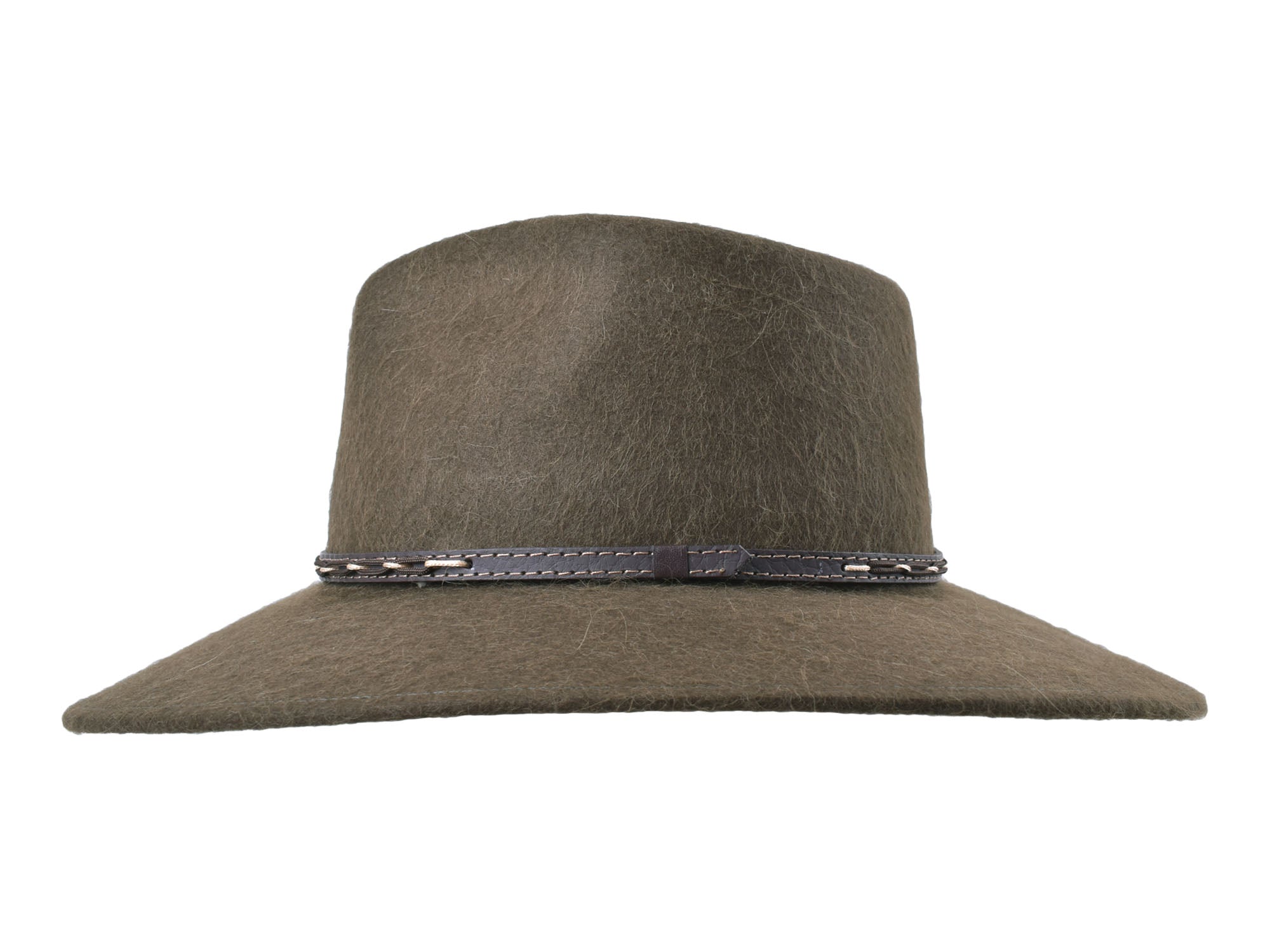 Outdoor alpaca and wool felt fedora hat from Bigalli Hats USA, in moss green with a classic wide brim and stylish band.