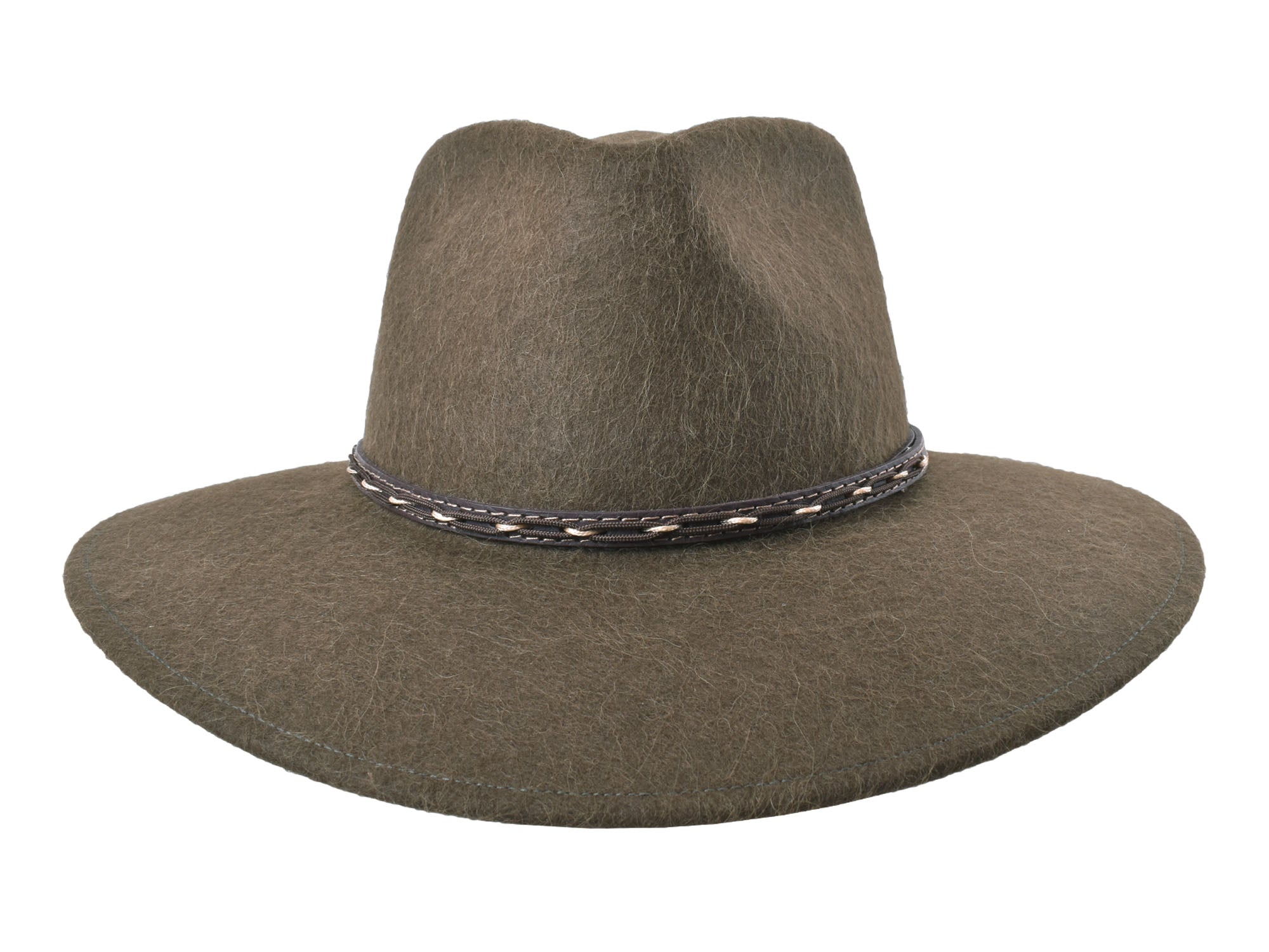 Outdoor alpaca and wool felt blend fedora hat by Bigalli Hats USA, in moss green with a classic wide brim.
