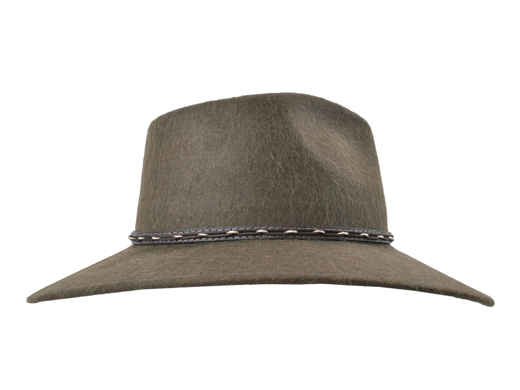 Outdoor alpaca and wool felt fedora hat from Bigalli Hats USA in moss color, featuring a classic wide brim and stylish design.