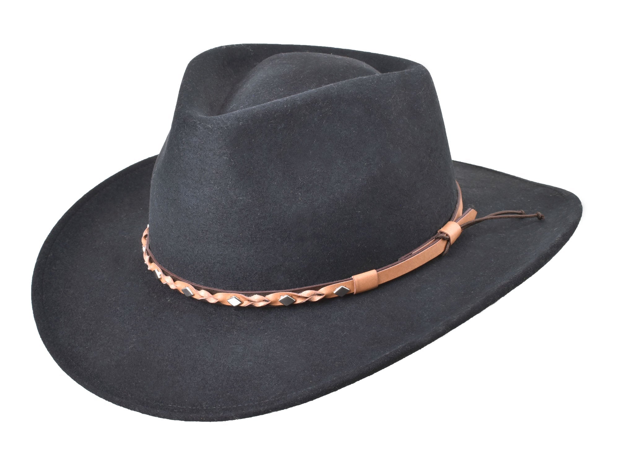 Black outdoor Merino wool felt fedora hat by Bigalli Hats USA, featuring a classic design and wide brim.