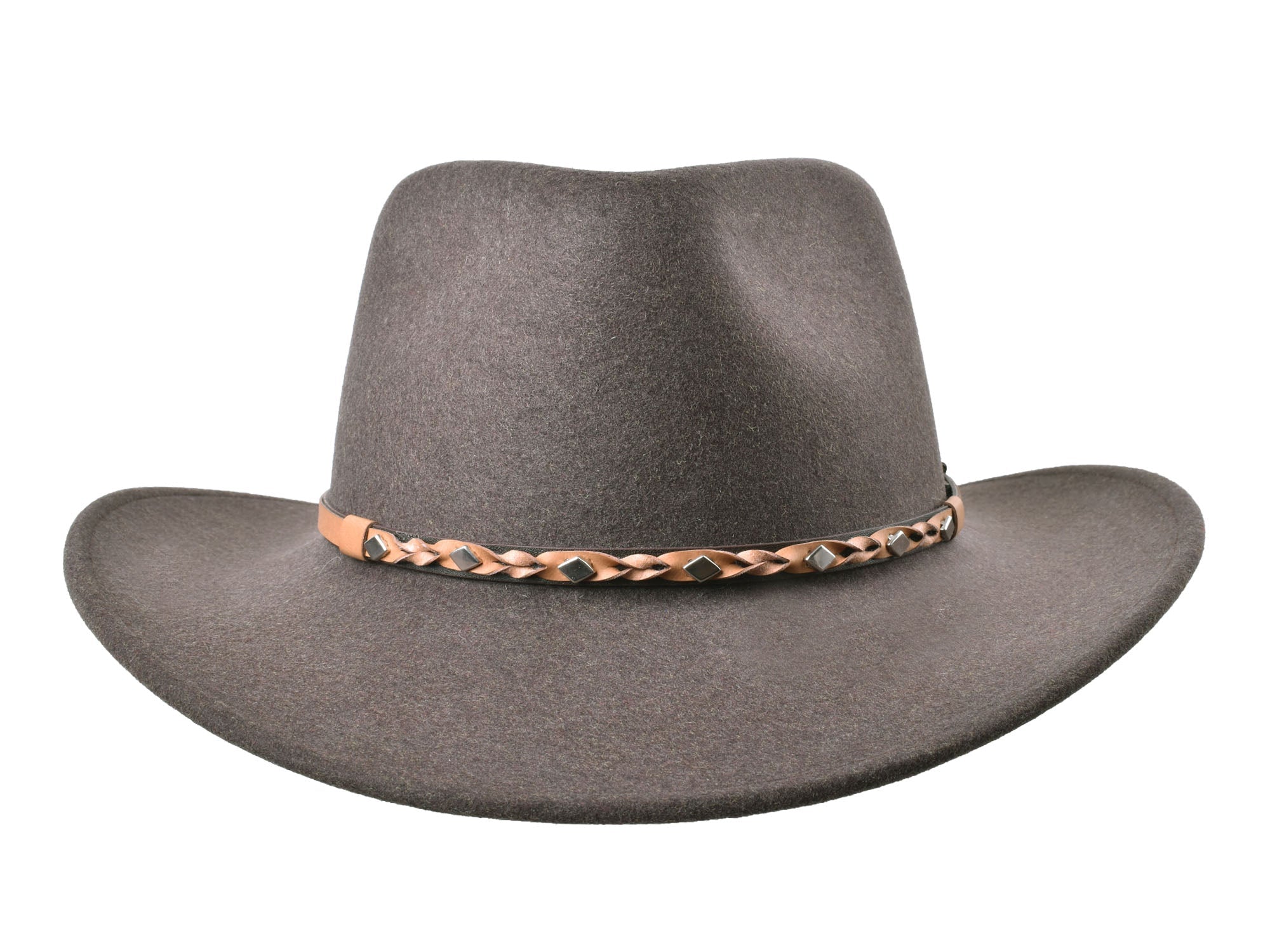 Bigalli Hats USA Jaxen outdoor merino wool felt fedora in tobacco melange color, stylish and warm for outdoor wear.