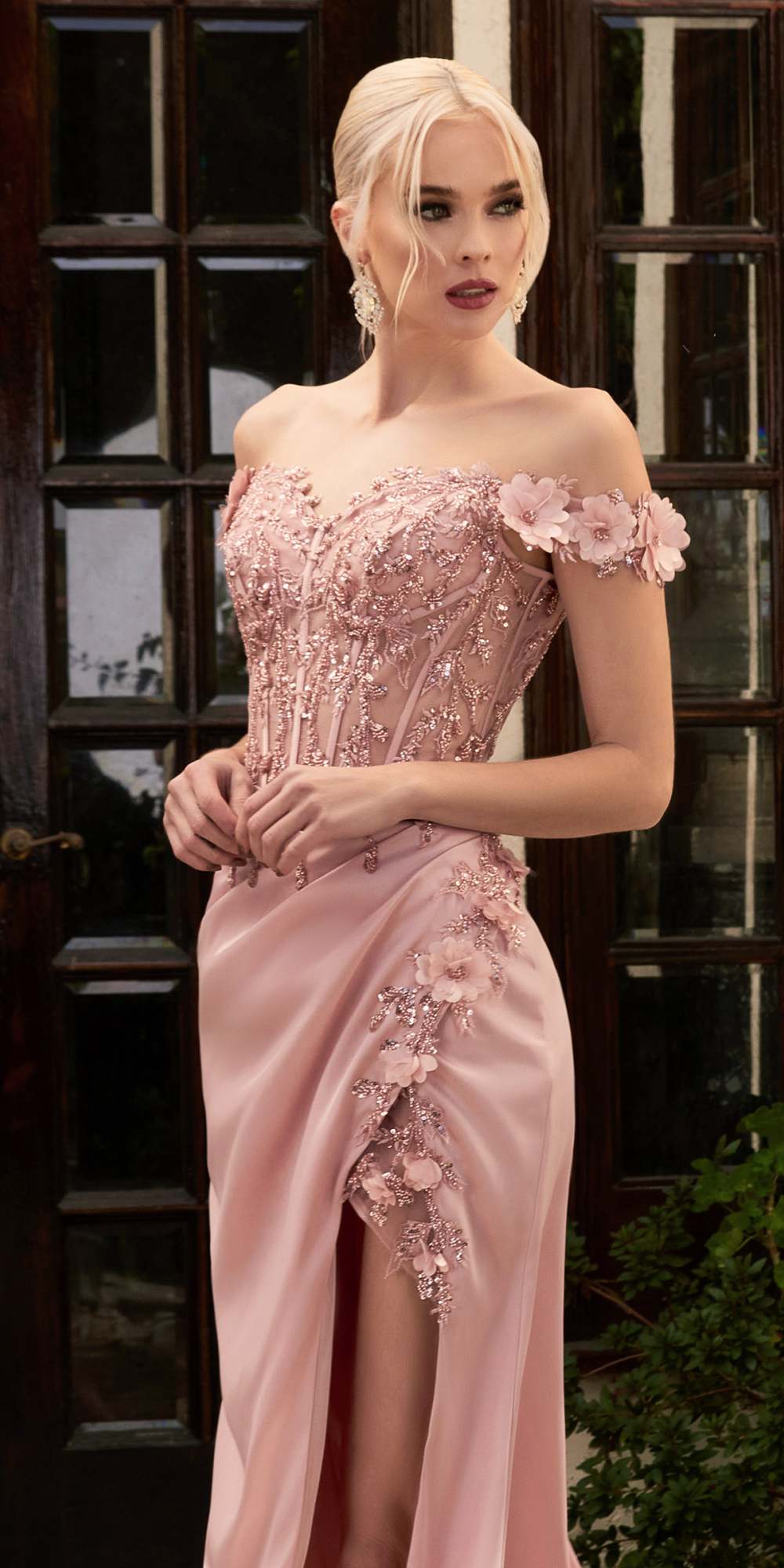 Blush Cinderella Divine CD0186 floral off-the-shoulder gown with slit, elegant long dress for formal occasions
