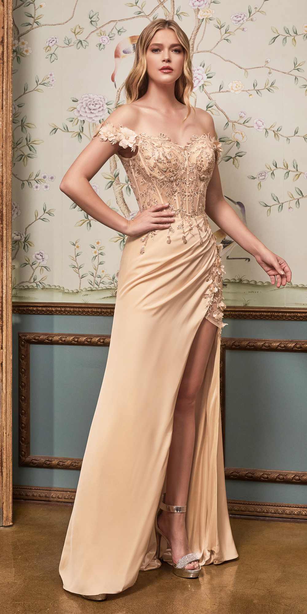 Champagne Cinderella Divine CD0186 long floral off-the-shoulder gown with slit, elegant dress with intricate floral details.