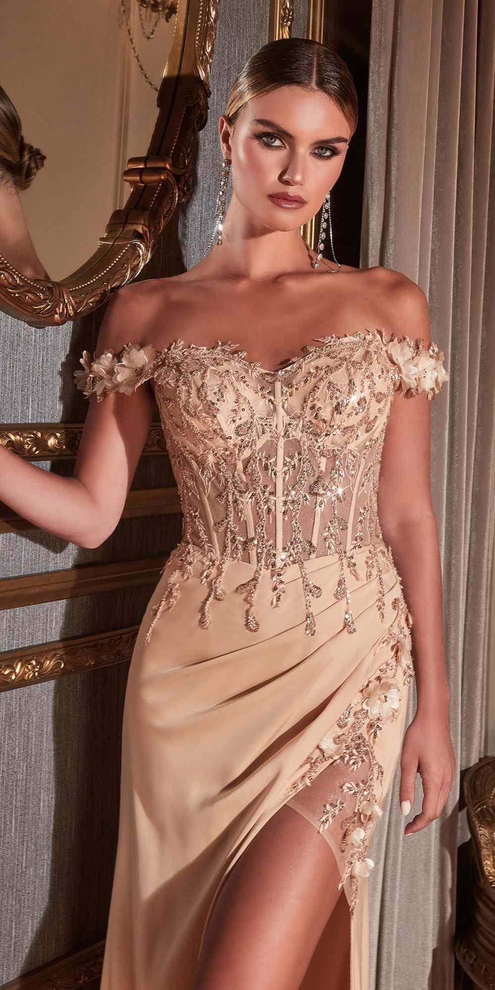 Champagne Cinderella Divine CD0186 floral off-shoulder gown with slit, elegant long dress for formal occasions.