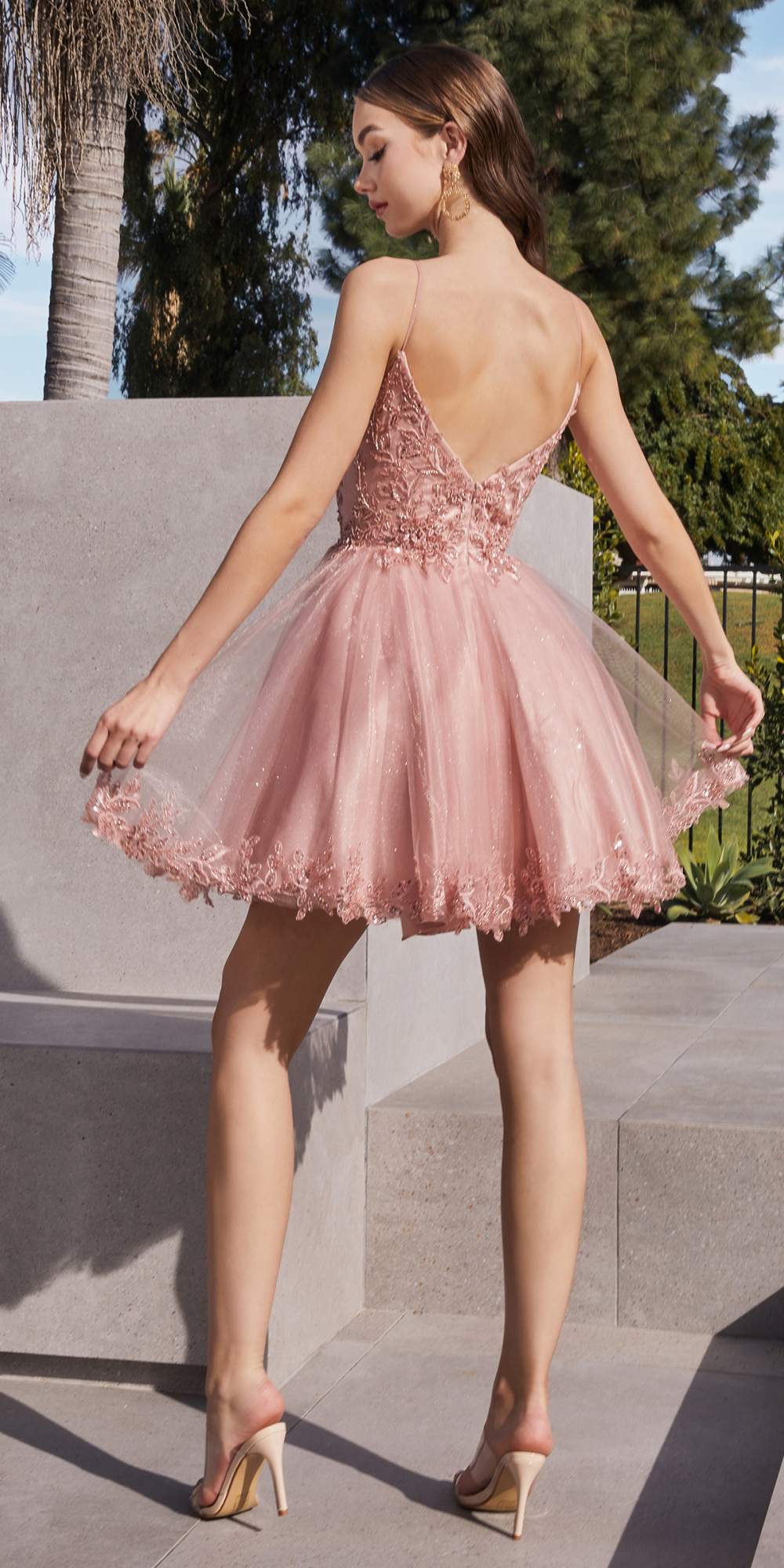 Blush Ladivine CD0213 short A-line dress with glitter tulle fabric, perfect for special occasions, showcased on a model.