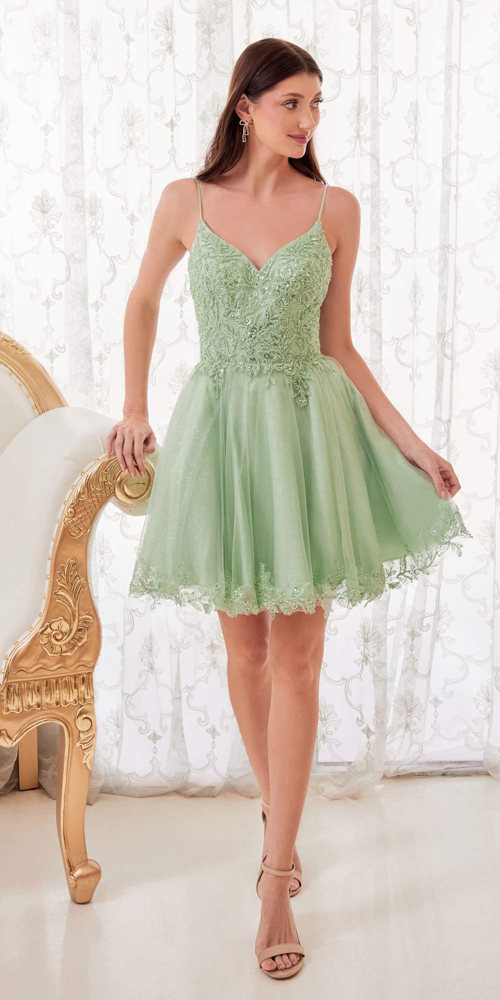Ladivine CD0213 short A-line dress with glitter tulle in sage green, featuring a stylish, elegant design perfect for special occasions.