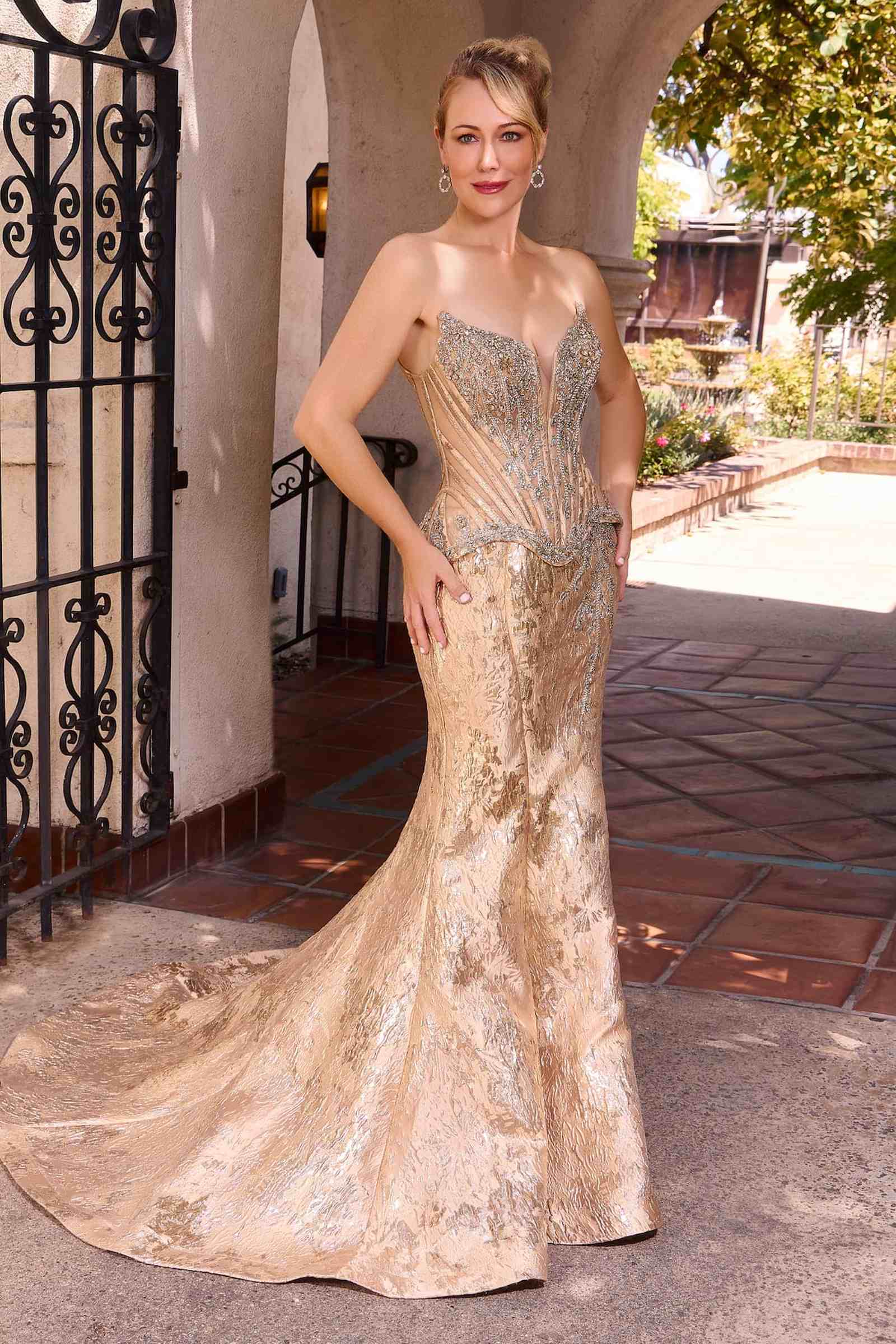 Gold Ladivine CD641 couture-inspired off-shoulder fitted mermaid gown, elegant evening dress with a fitted silhouette.