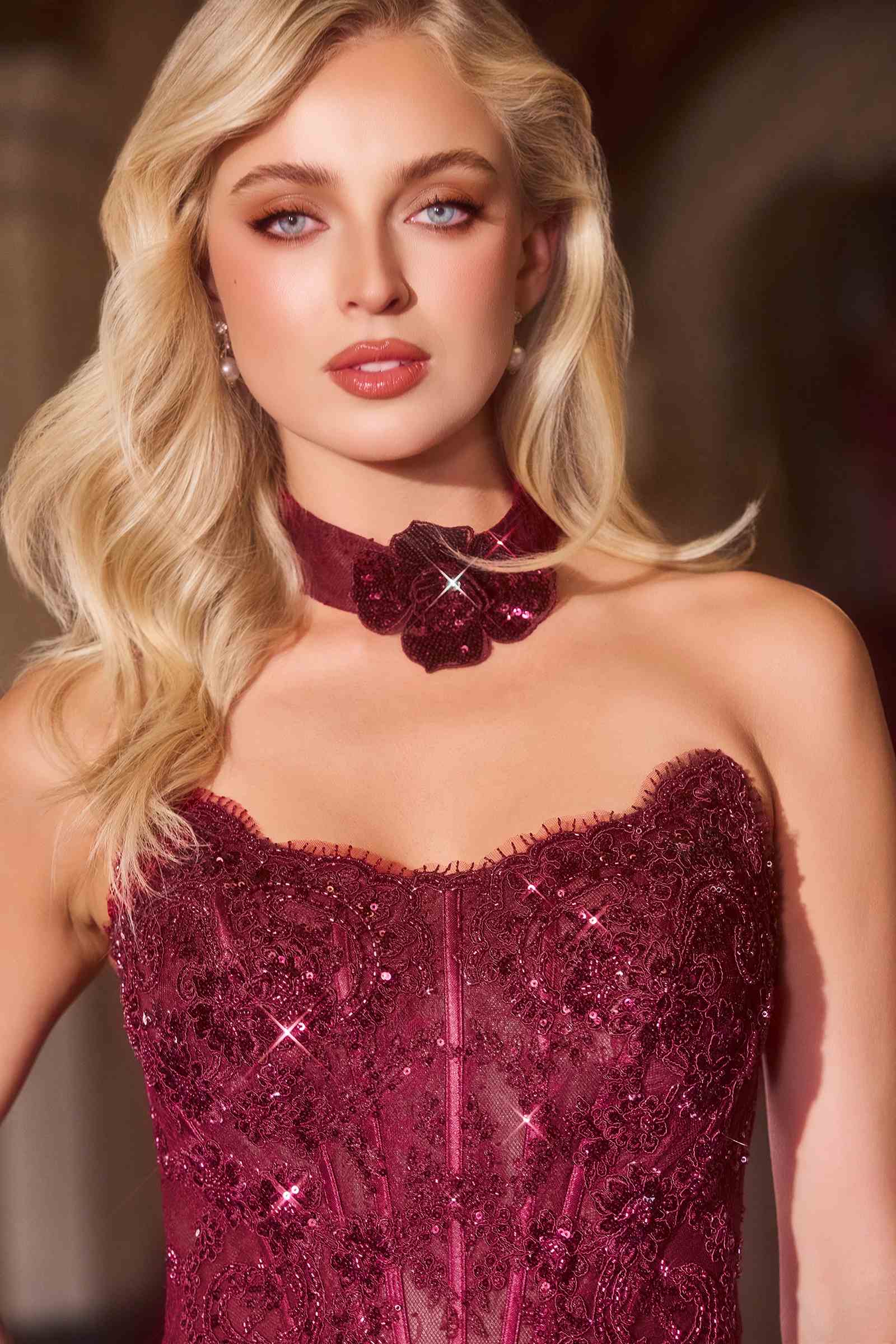 Burgundy Ladivine CDS550 fit and flare strapless evening gown with matching choker, stylish and elegant dress for special occasions