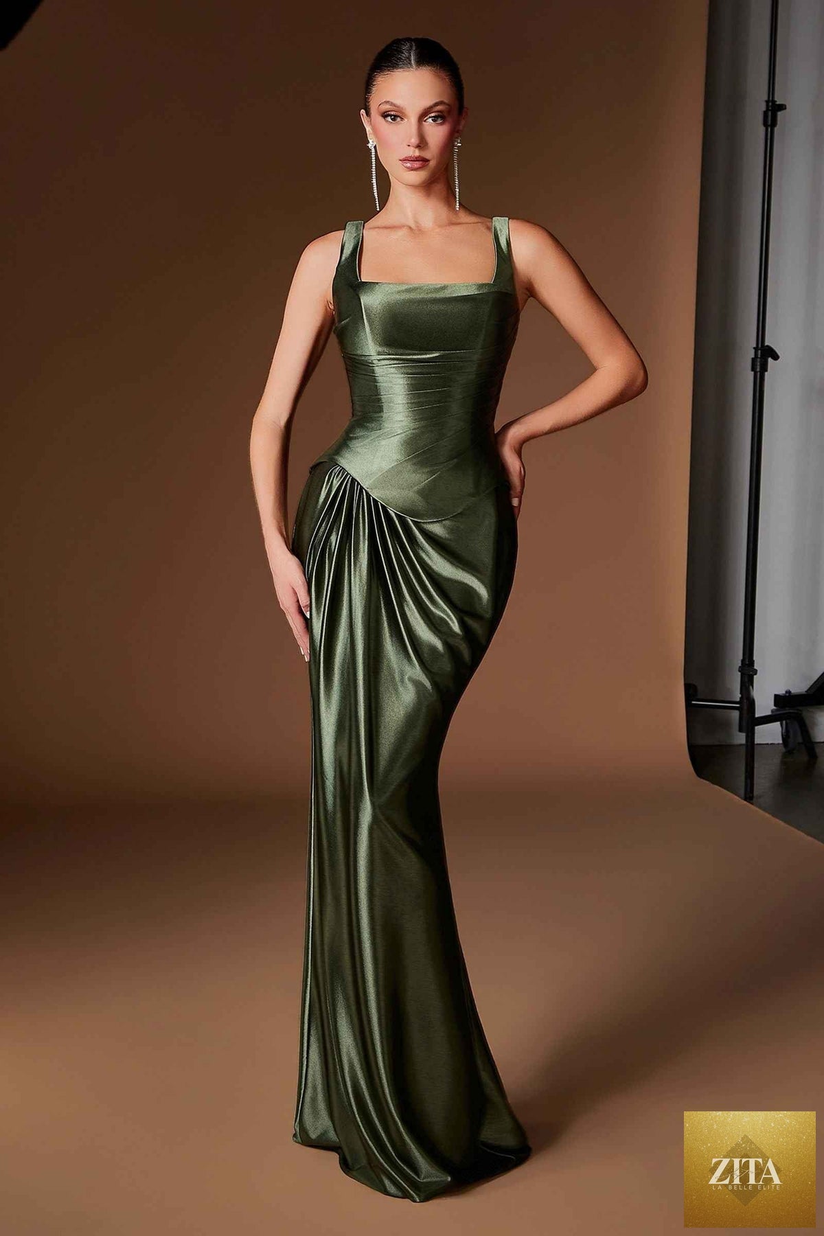 Ladivine CH2604 Square Neck Satin Fitted Evening Gown with Draped Waist