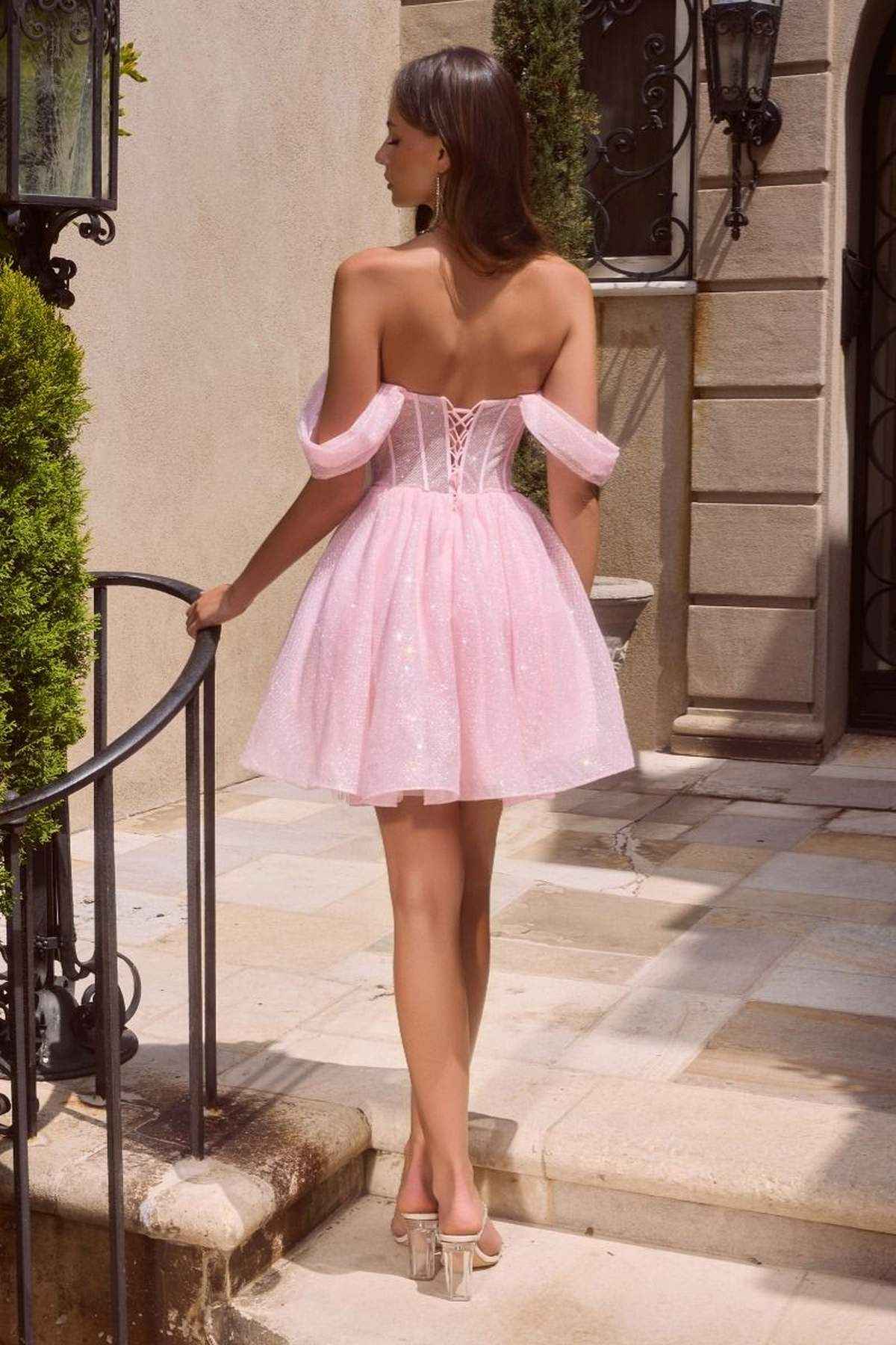 Blush Ladivine CJ420 off-shoulder glitter tulle short dress with corset back, stylish and elegant for special occasions