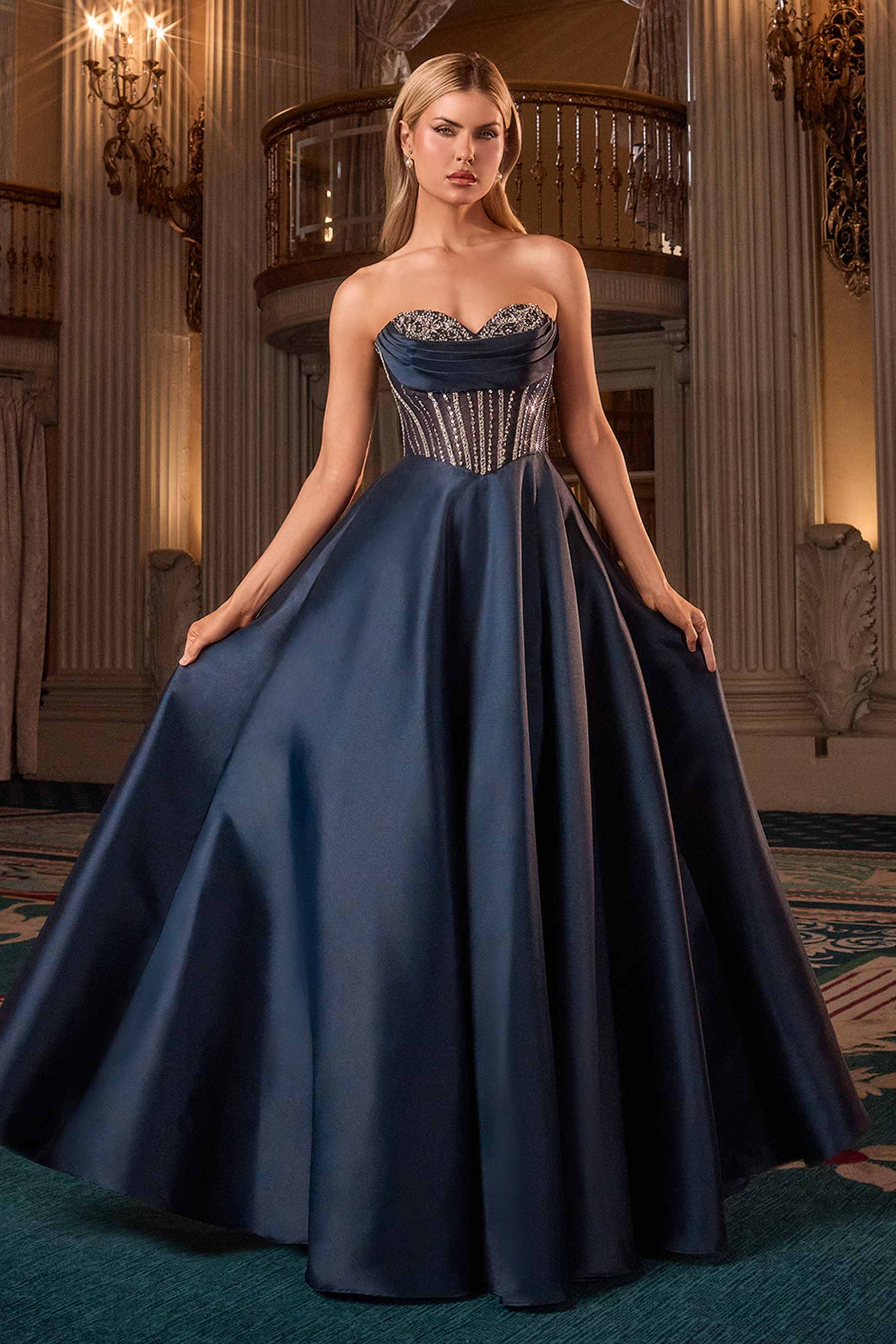 Navy Ladivine CK2405 luxurious ball gown mikado strapless sweetheart dress with fitted bodice and full skirt, front view.