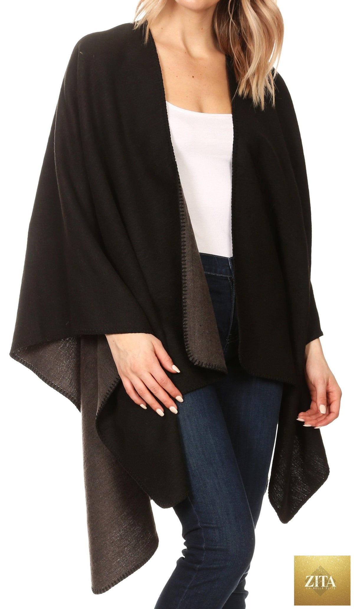 Sakkas Mari Women's Reversible Large Poncho Shawl Wrap Scarf Cape Ruana Blanket