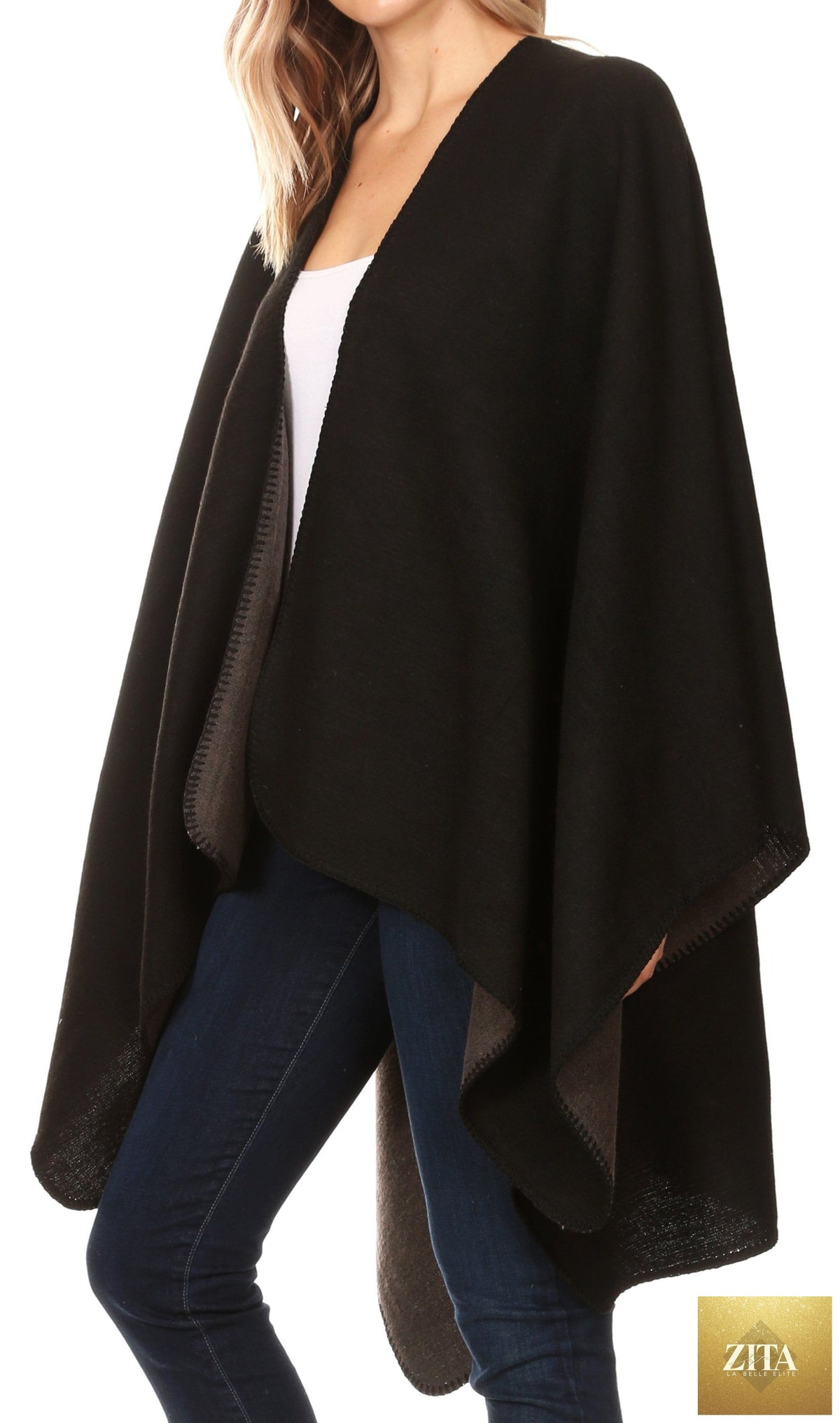 Sakkas Mari Women's Reversible Large Poncho Shawl Wrap Scarf Cape Ruana Blanket