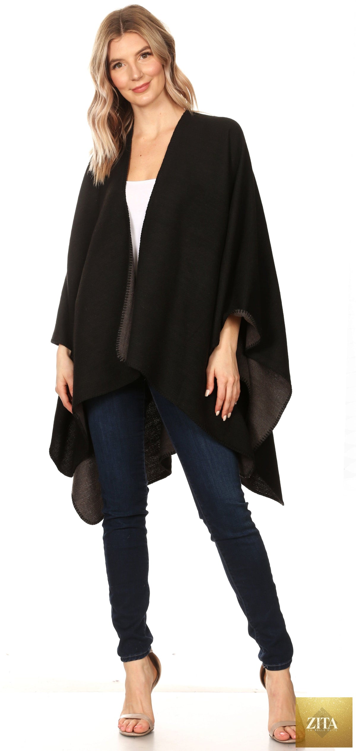 Sakkas Mari Women's Reversible Large Poncho Shawl Wrap Scarf Cape Ruana Blanket