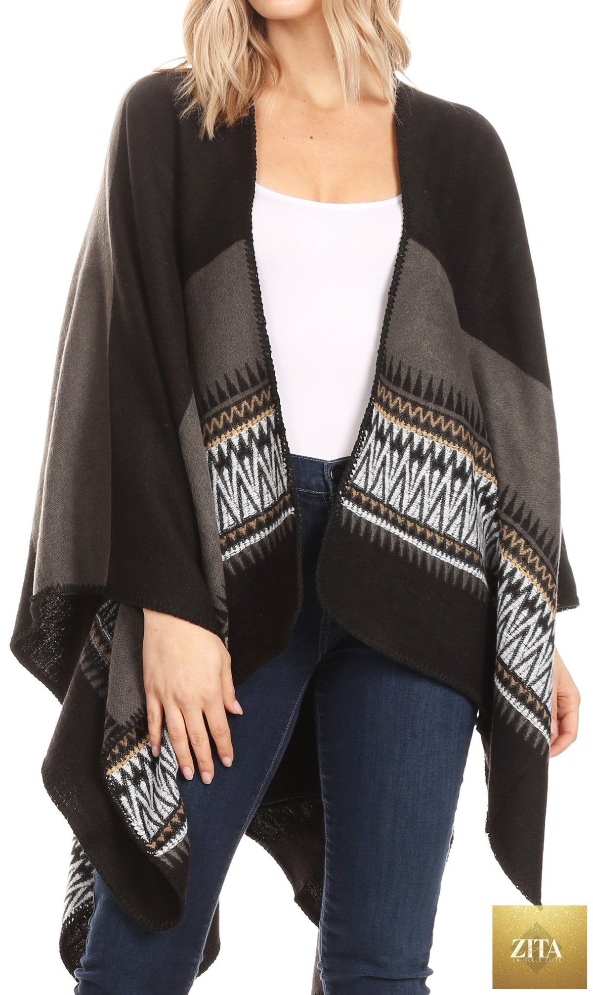 Sakkas Mari Women's Reversible Large Poncho Shawl Wrap Scarf Cape Ruana Blanket