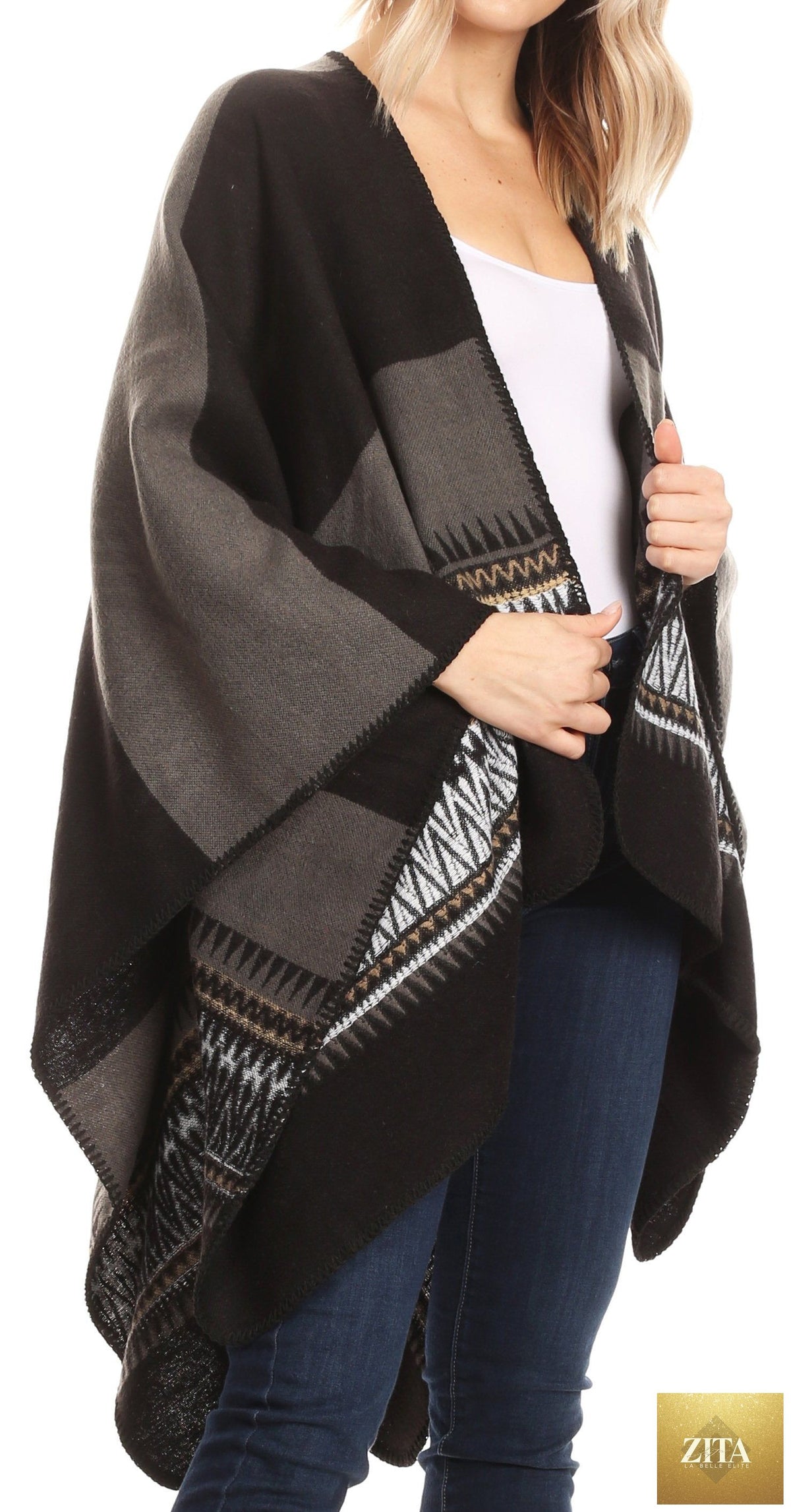Sakkas Mari Women's Reversible Large Poncho Shawl Wrap Scarf Cape Ruana Blanket
