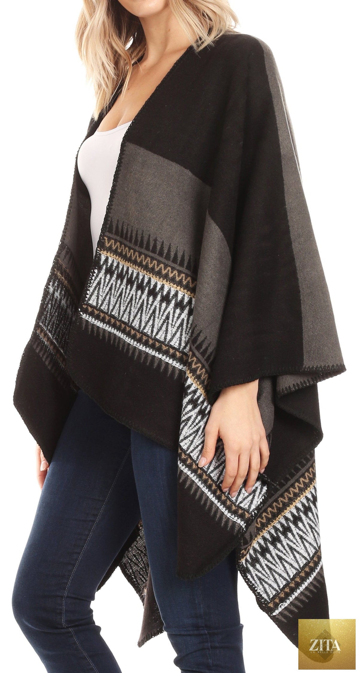 Sakkas Mari Women's Reversible Large Poncho Shawl Wrap Scarf Cape Ruana Blanket