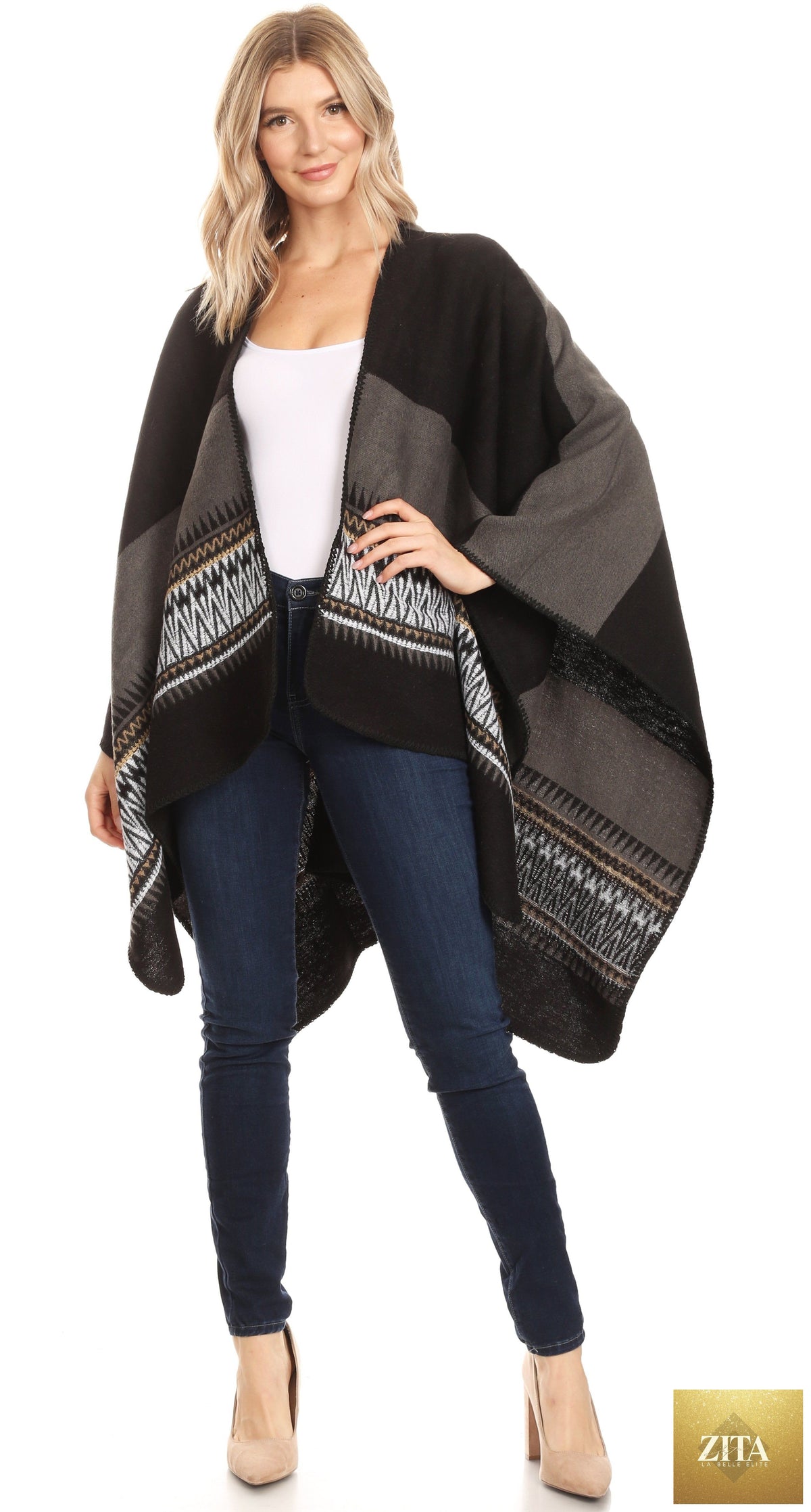 Sakkas Mari Women's Reversible Large Poncho Shawl Wrap Scarf Cape Ruana Blanket