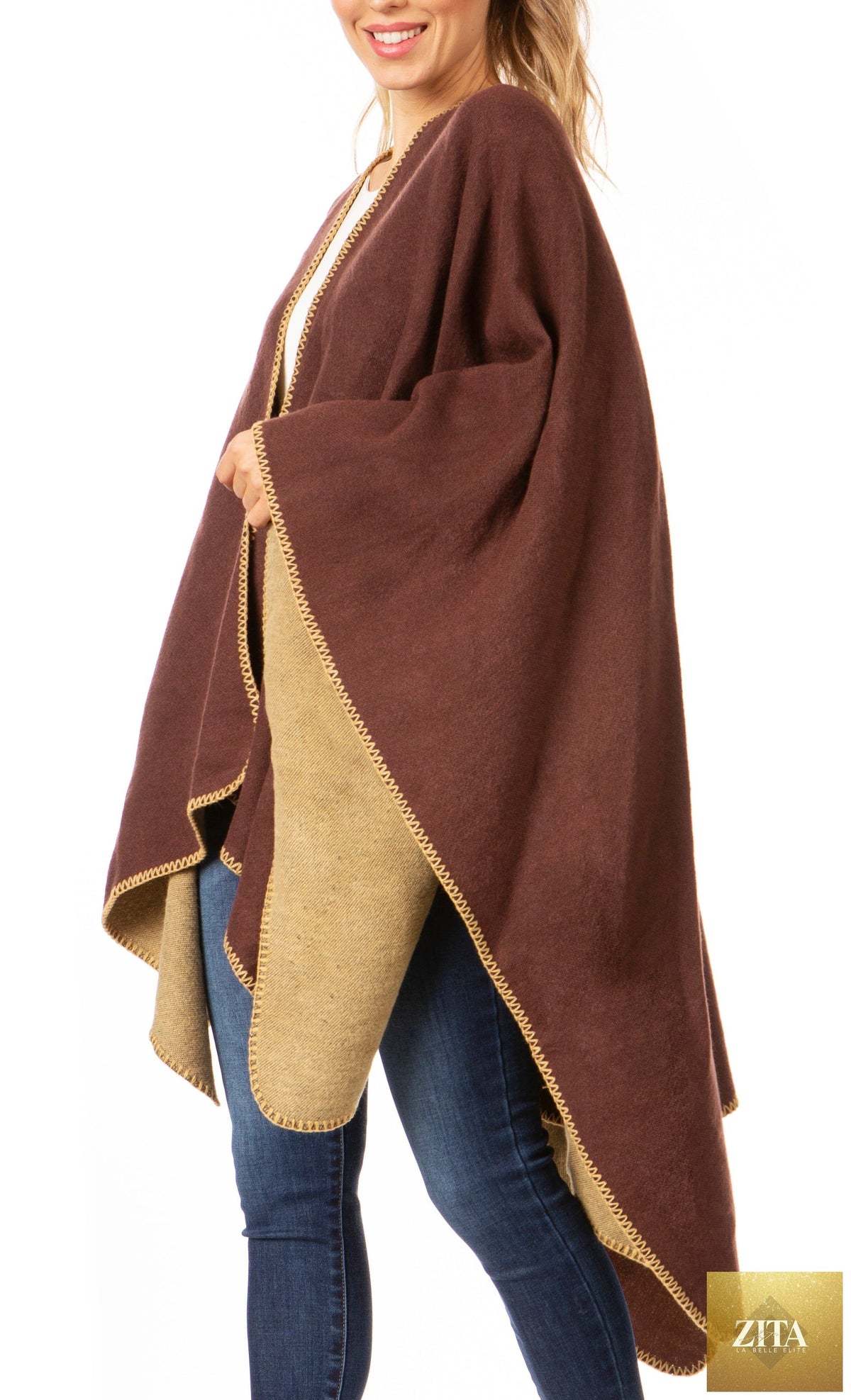 Sakkas Mari Women's Reversible Large Poncho Shawl Wrap Scarf Cape Ruana Blanket