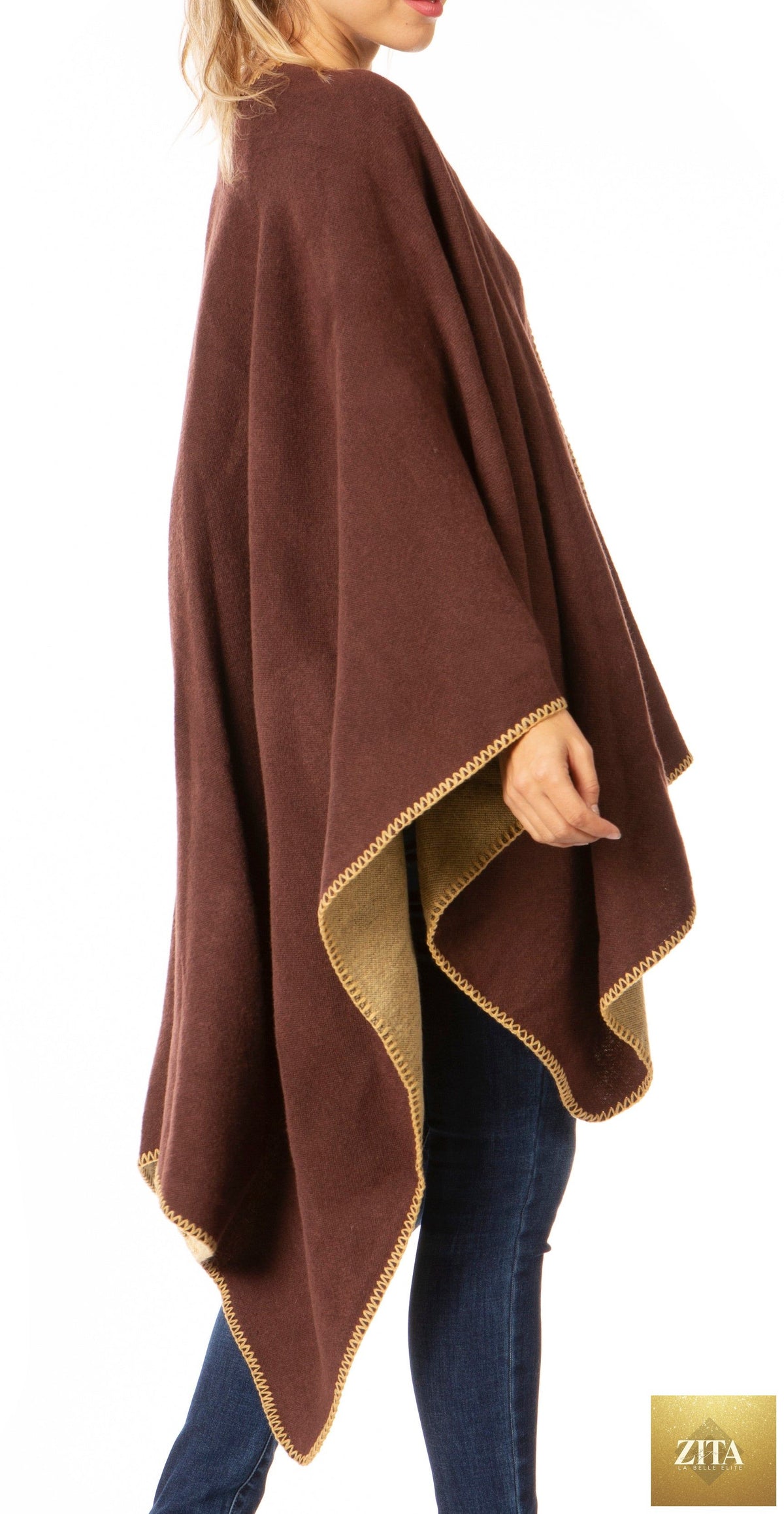 Sakkas Mari Women's Reversible Large Poncho Shawl Wrap Scarf Cape Ruana Blanket