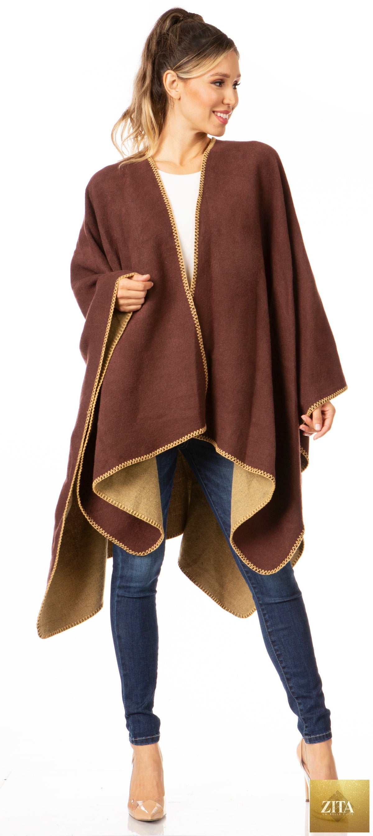 Sakkas Mari Women's Reversible Large Poncho Shawl Wrap Scarf Cape Ruana Blanket